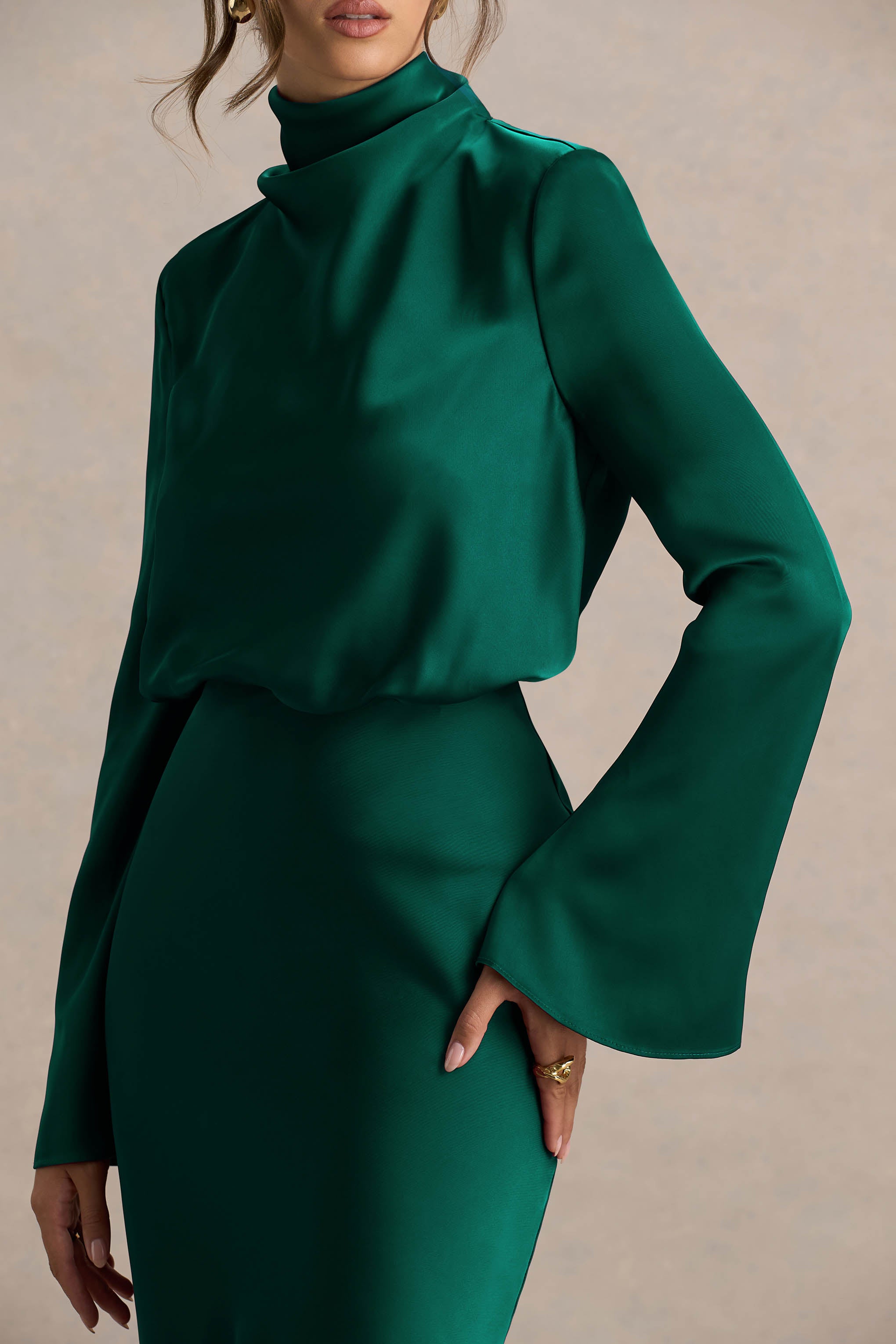 Celina | Bottle Green Satin High-Neck Maxi Dress