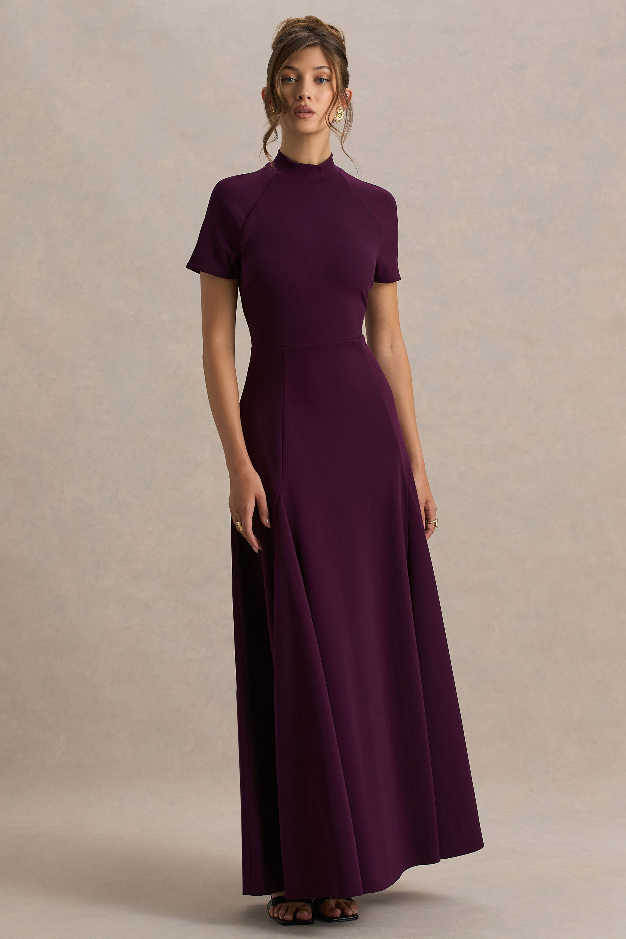 Alea | Burgundy High-Neck Short-Sleeve Maxi Dress