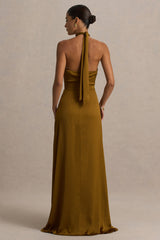 Aleera | Olive Chiffon Halter-Neck Maxi Dress With Cut-Out Detail