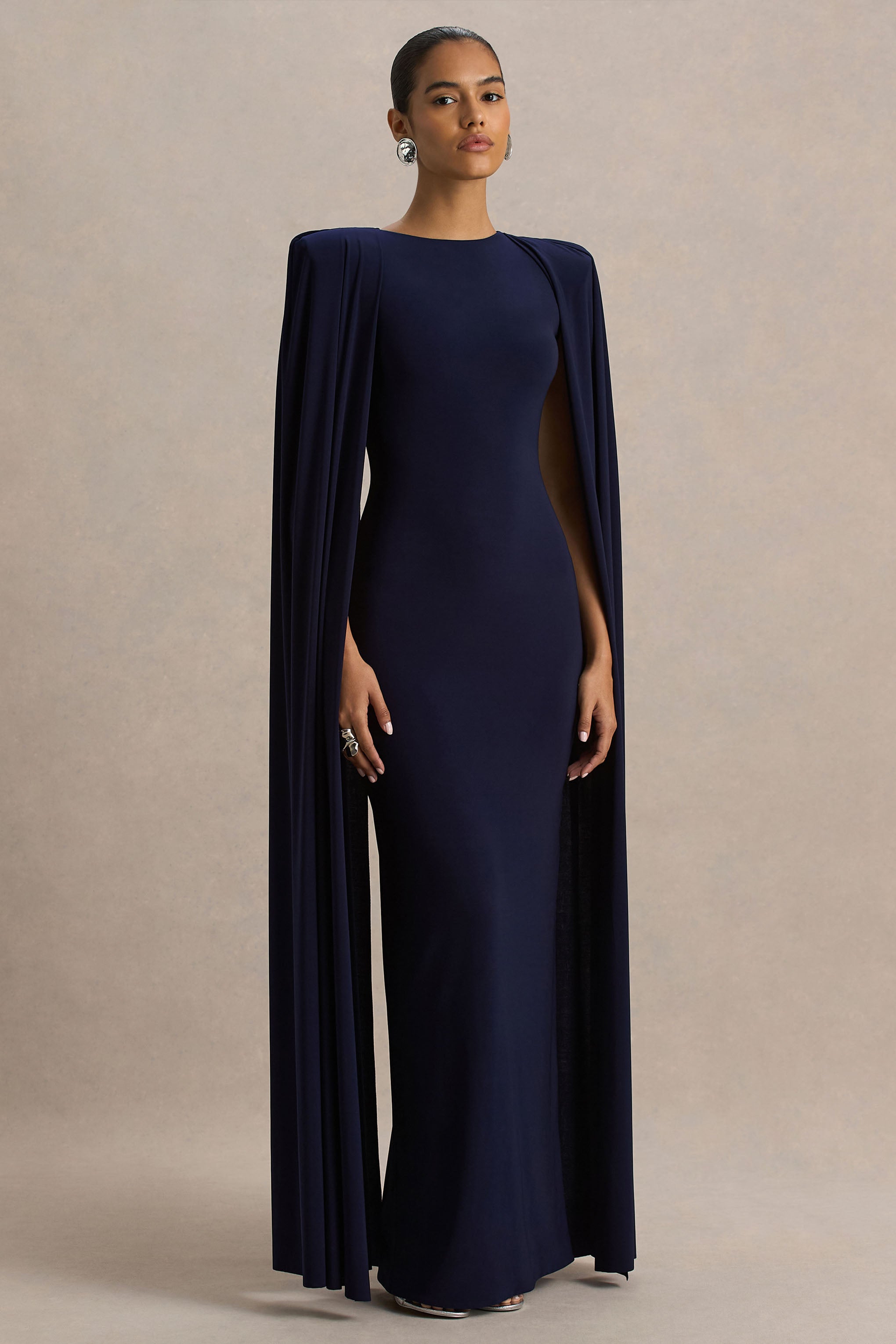 Mimi | Navy High-Neck Maxi Dress With Cape Sleeve Detail