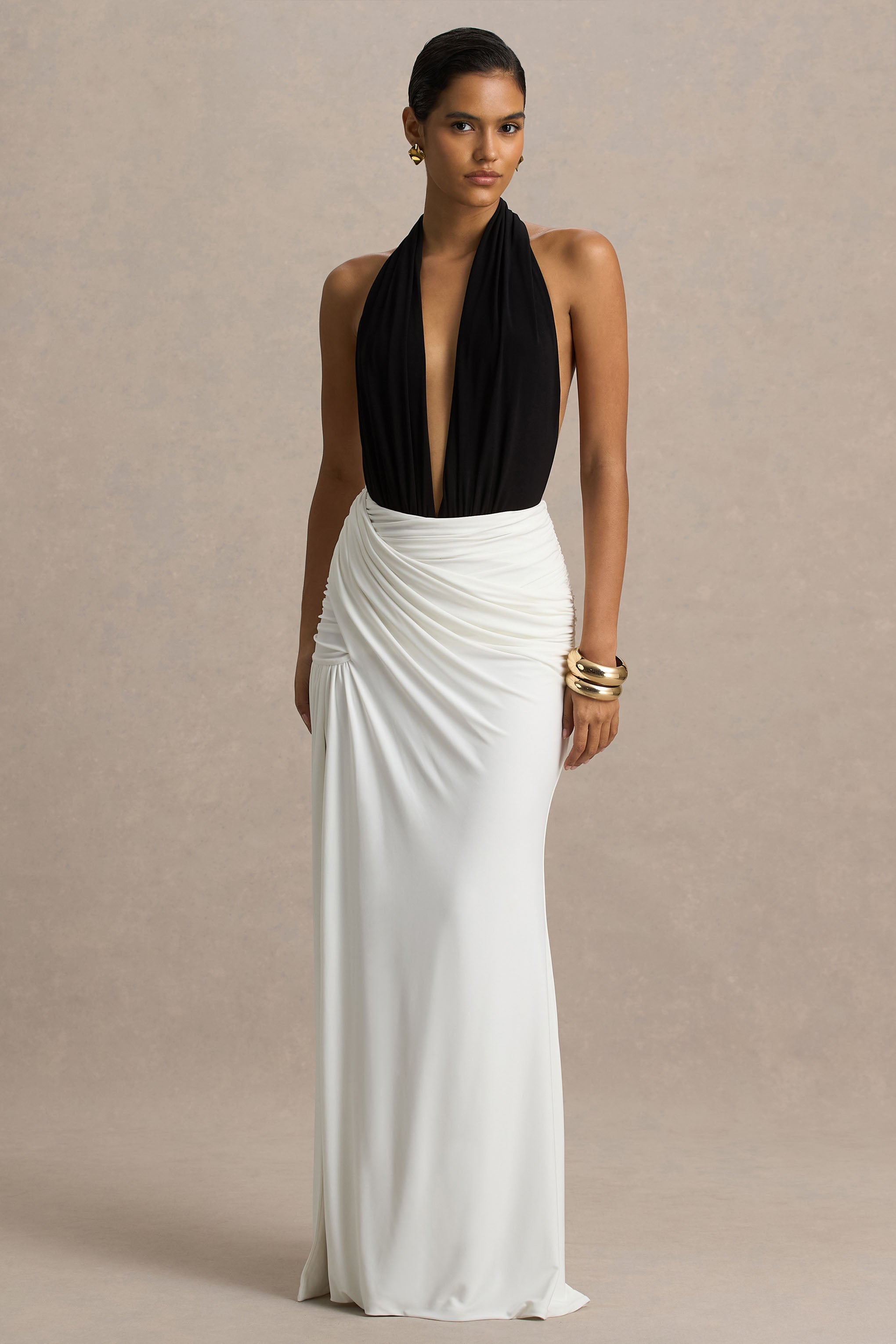 Tilly | Black And White Extreme-Plunge Neck Maxi Dress With Wrap And Ruched Details