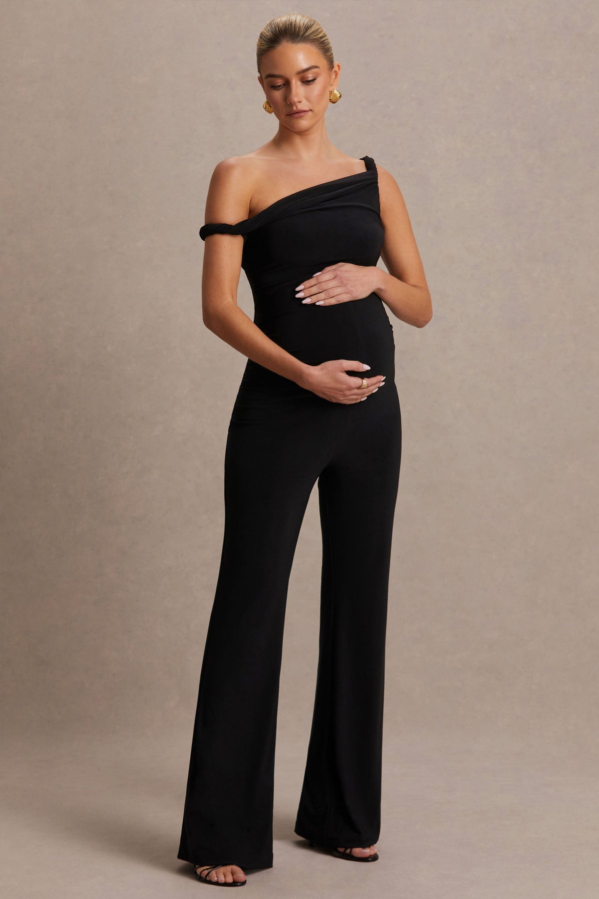 Kira | Black Asymmetric-Neck Maternity Jumpsuit