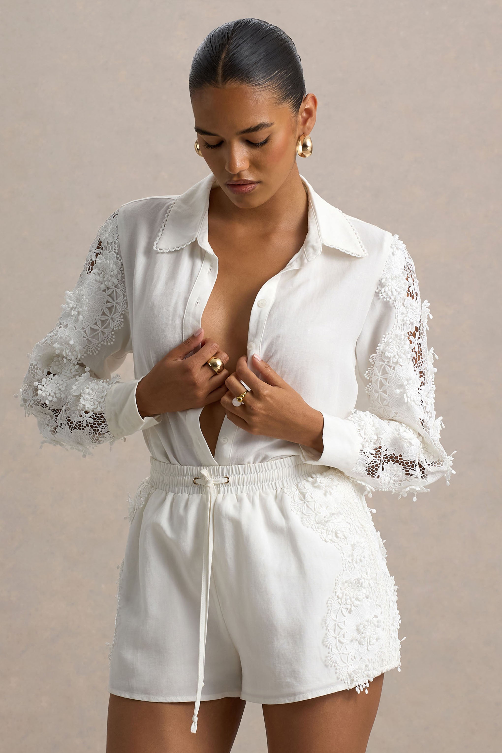 Coconut | Ecru Linen Button-Up Shirt With Lace Detail