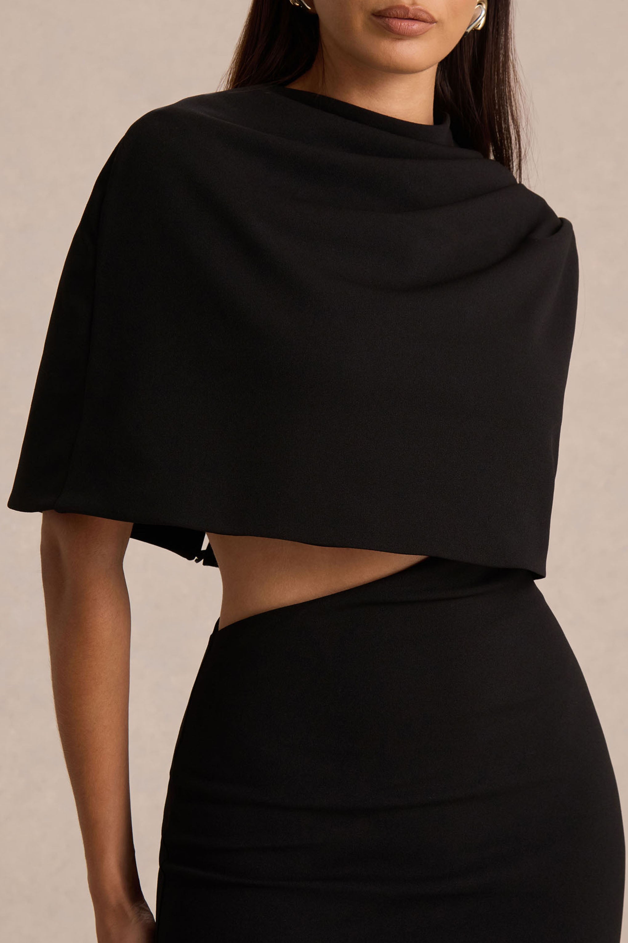 Roseth | Black High-Neck Maxi Dress With One-Sleeve And Body Cut-Out Detail