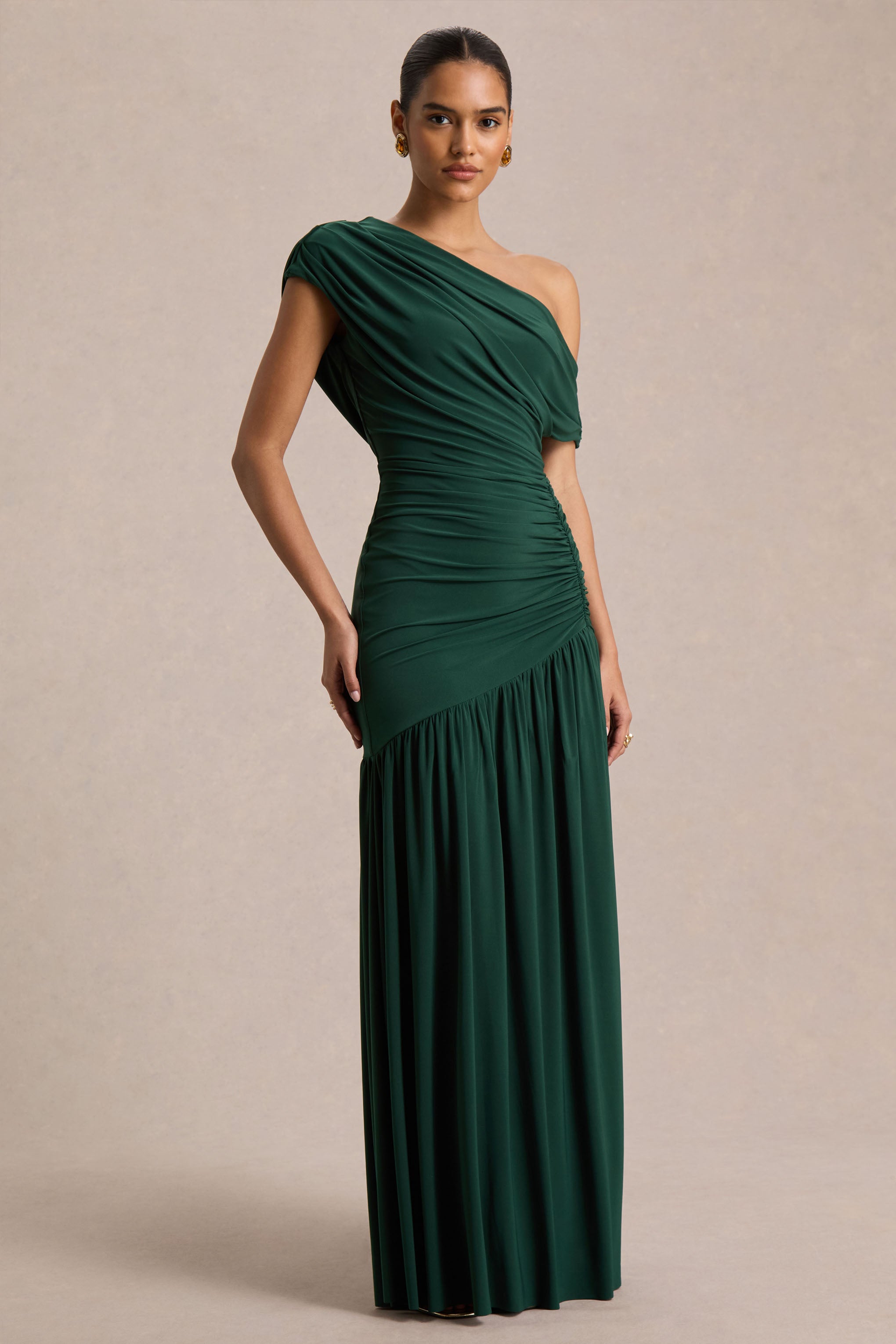 Kady | Dark Green Asymmetric-Neck Maxi Dress With Ruched Detailing