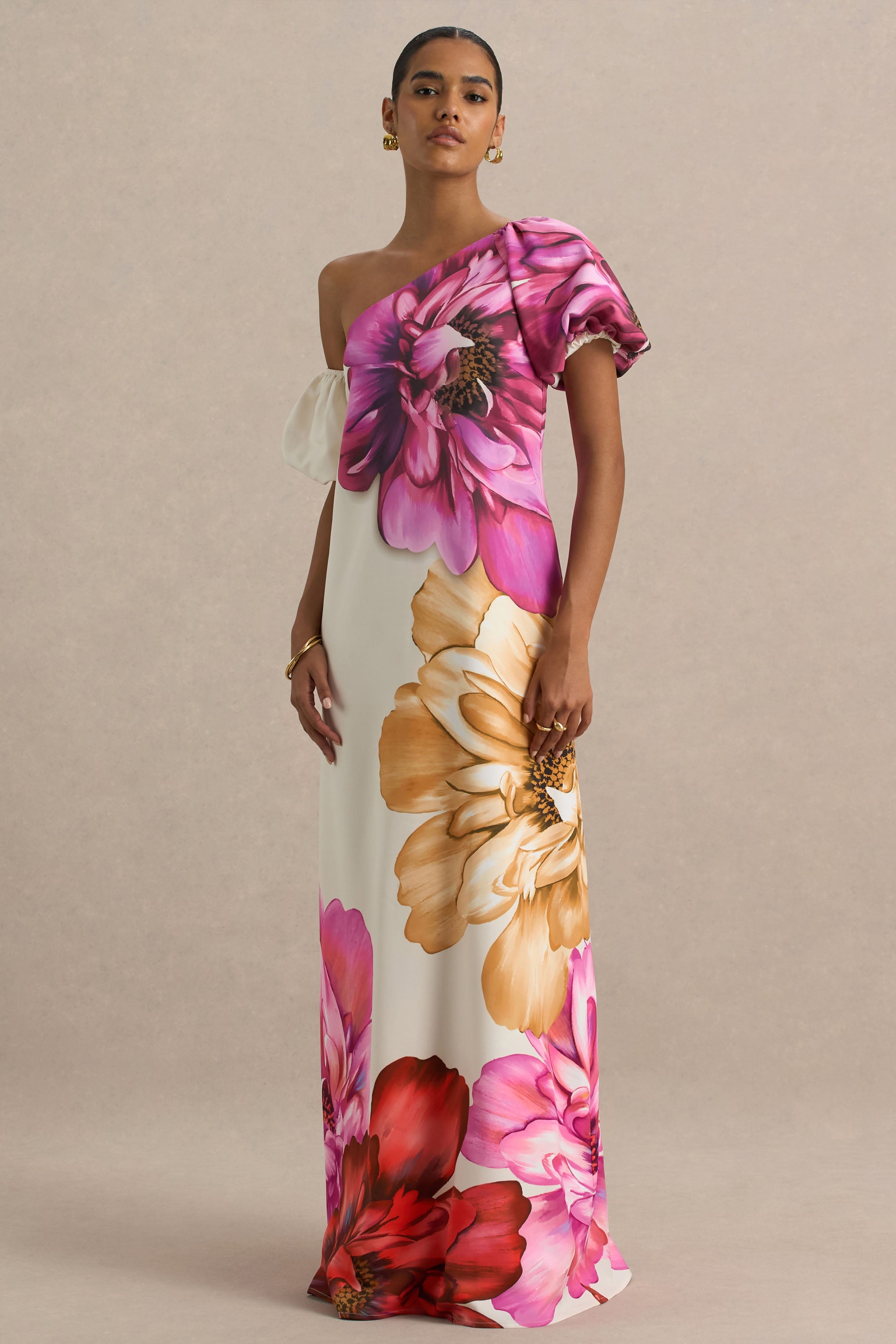 Anastasia | Large Multi-Floral Print Asymmetric-Neck Maxi Dress