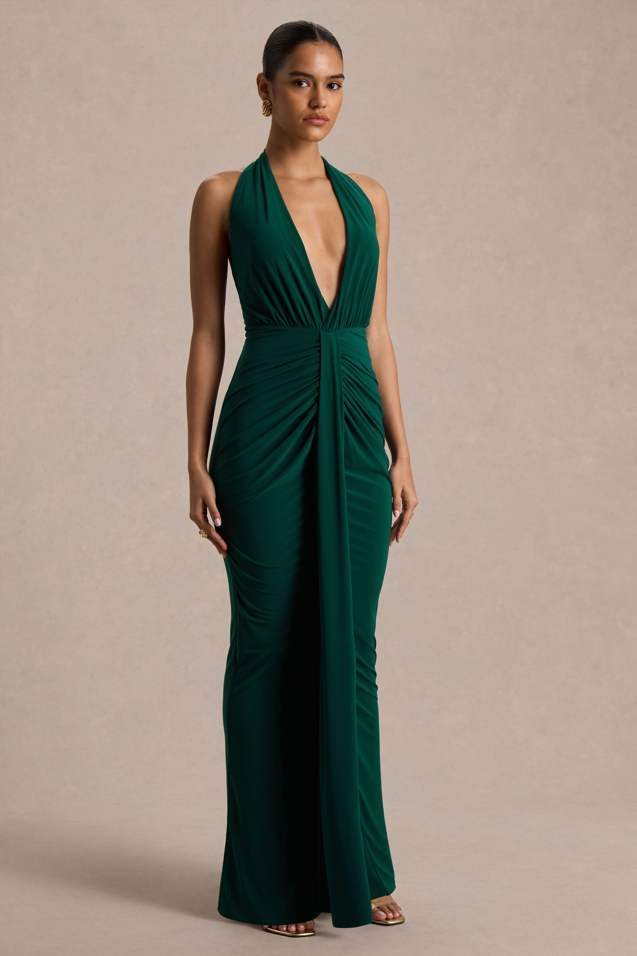 Lesley | Bottle Green Plunge-Neck Maxi Dress
