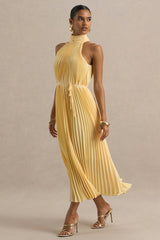 Tulip | Lemon Pleated High-Neck Midi Dress