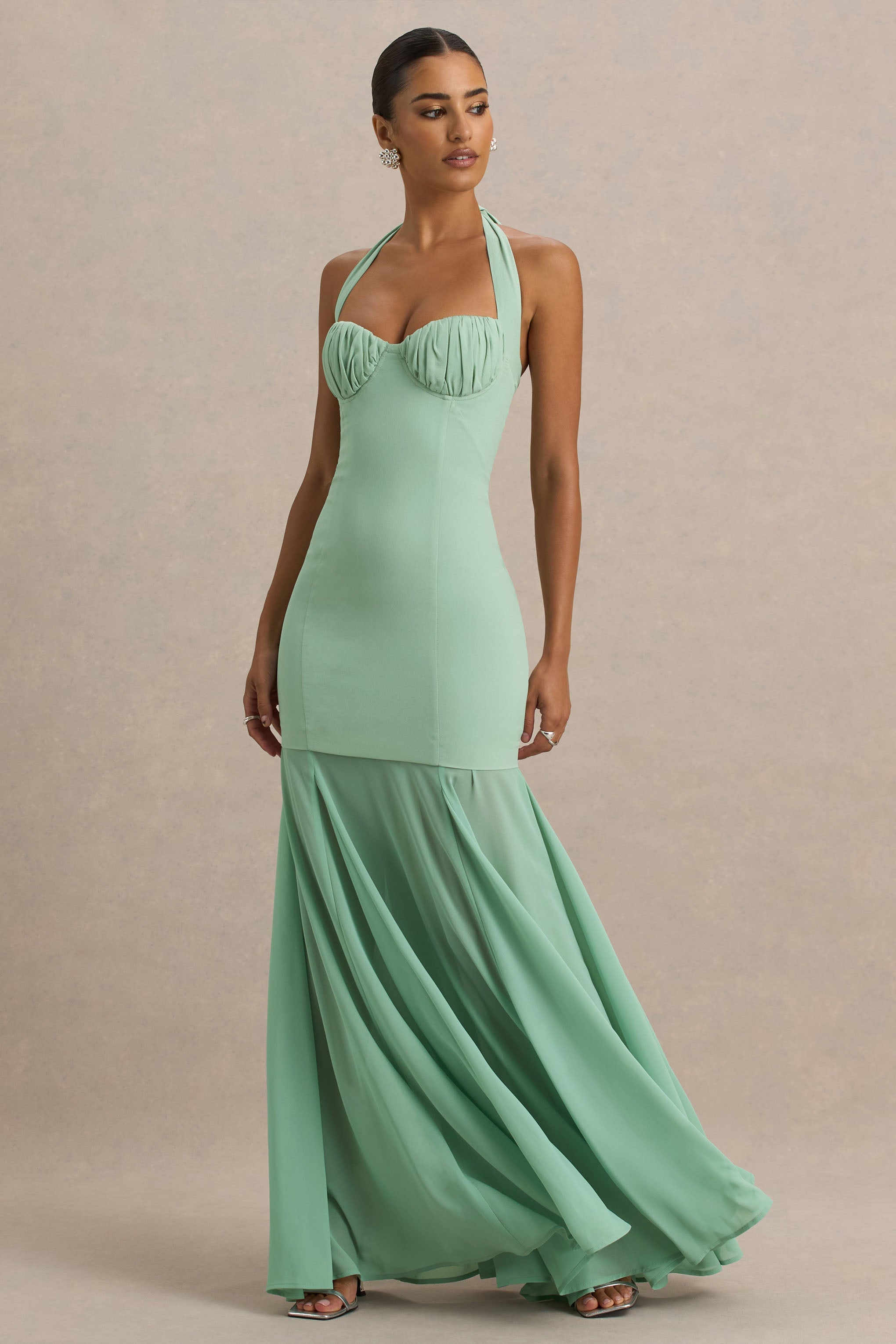 Kirby | Sage Corset Halter-Neck Maxi Dress With Sheer Detail