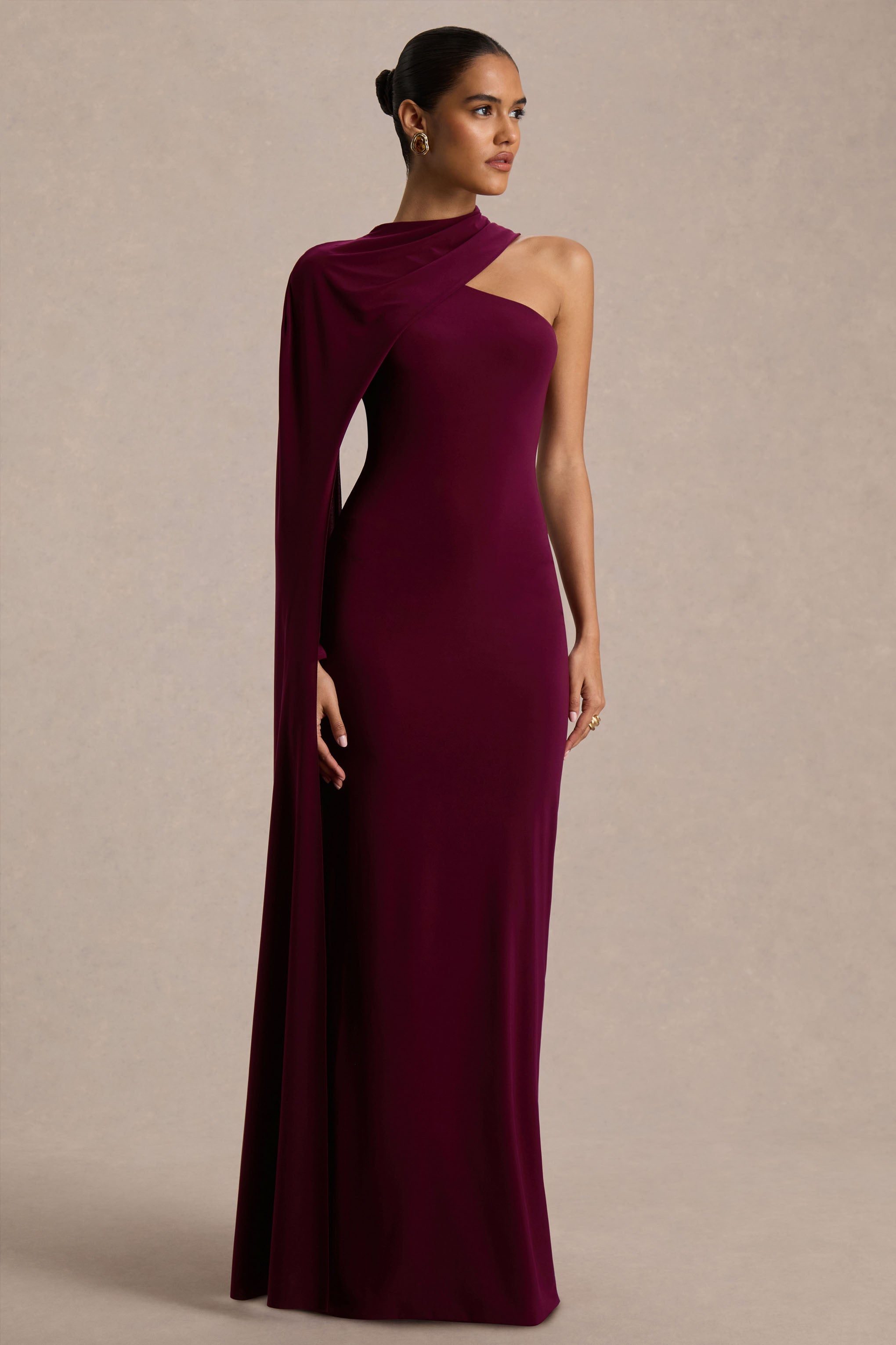 Dawn | Burgundy Asymmetric-Neck Maxi Dress With One Long-Sleeve And Cape