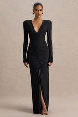 Jewel | Black Plunge-Neck Maxi Dress With Front Split and Ruched Detailing