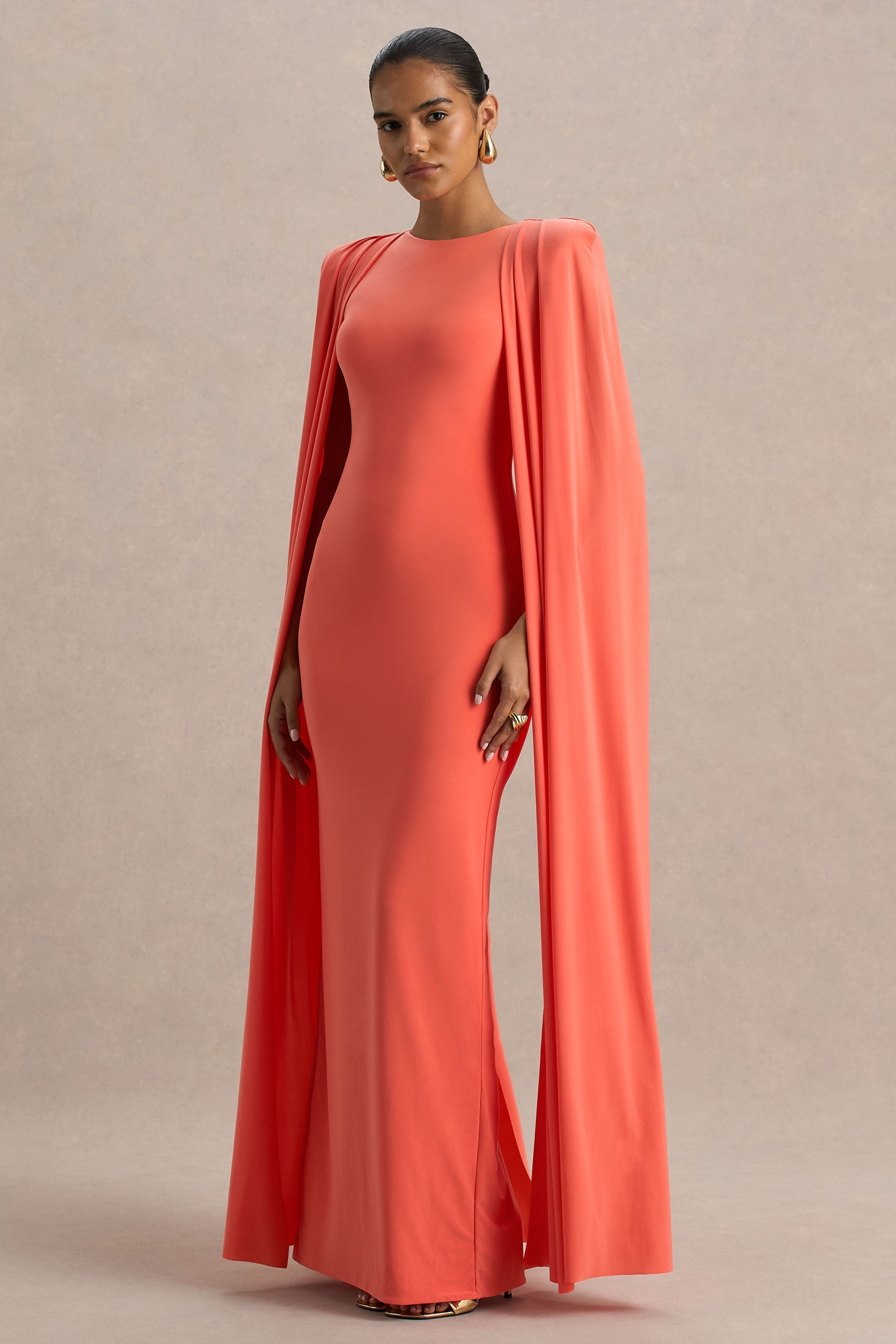 Mimi | Coral High-Neck Maxi Dress With Cape Sleeve Detail