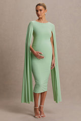 Providence | Light Green High-Neck Maternity Midi Dress With Cape Sleeves