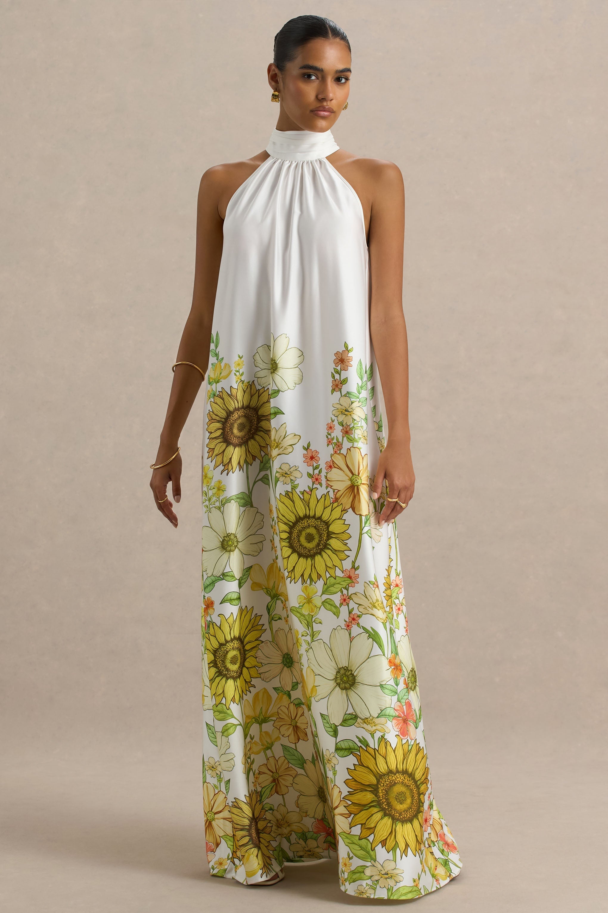 Glide | Sunflower Print Satin High-Neck Slip Maxi Dress