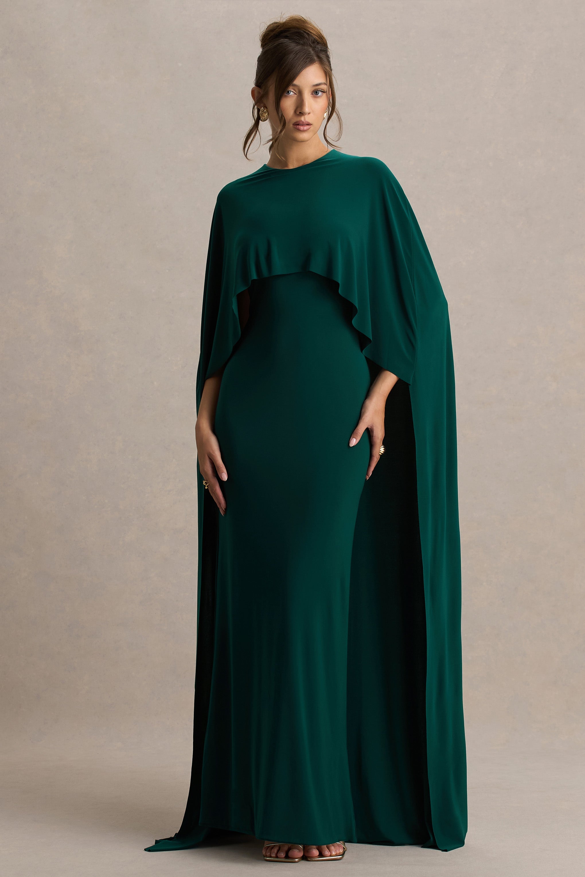 Padma | Bottle Green Draped Maxi Dress With Cape Sleeves