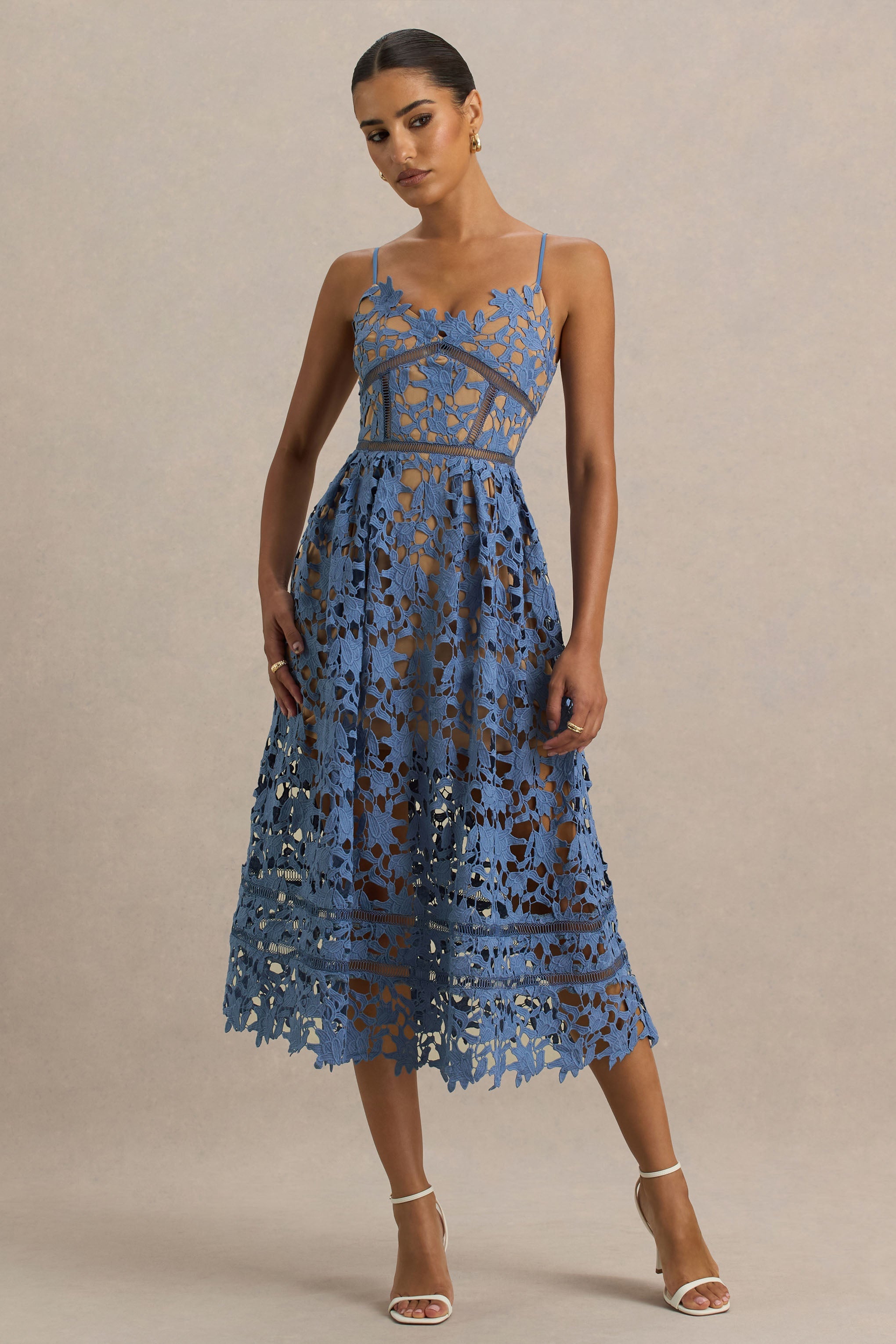 Zuri | Blue Lace Sweetheart Midi Dress With Cami Straps