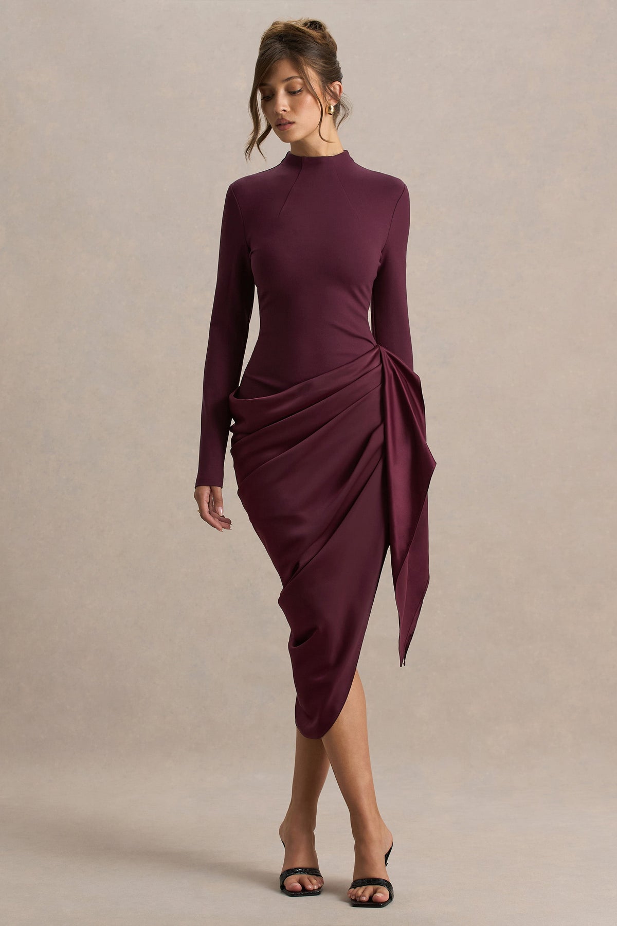 Raffie | Plum Long-Sleeve Midi Dress With Satin Wrap Skirt