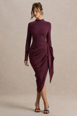 Raffie | Plum Long-Sleeve Midi Dress With Satin Wrap Skirt