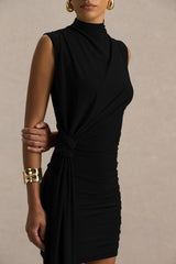 Sorenna | Black High-Neck Mini-Dress With Wrap And Sash Detail