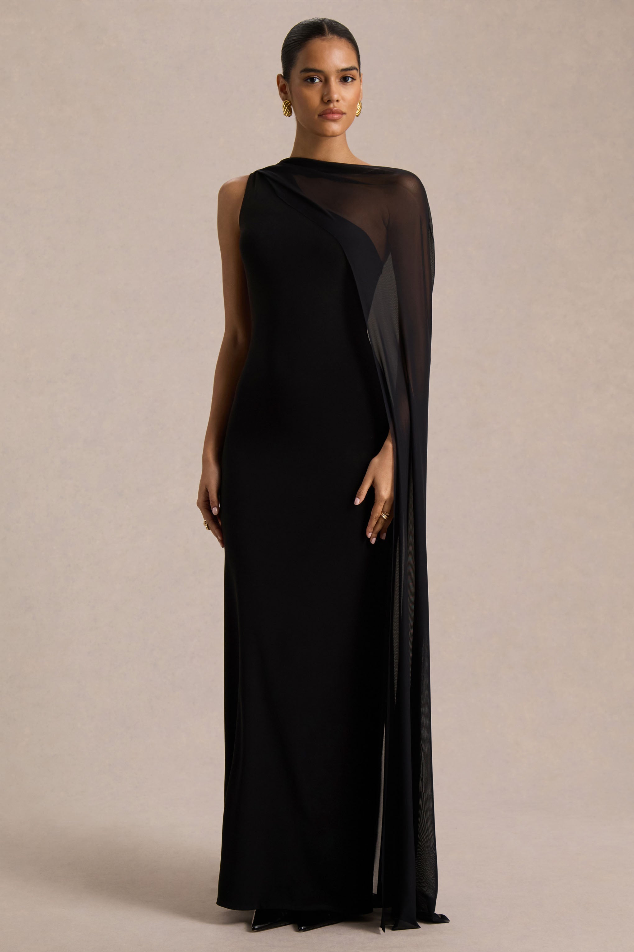 Mirelle | Black Asymmetric-Neck Maxi Dress With Sheer Cape-Sleeve