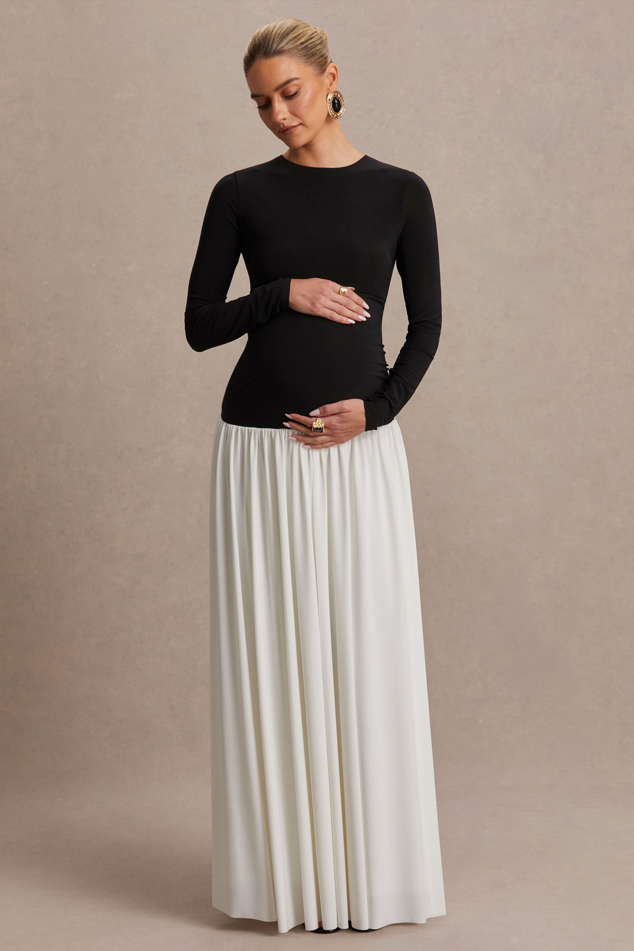 Monroe | Black And White Crew-Neck Maternity Maxi Dress With Drop-Waist