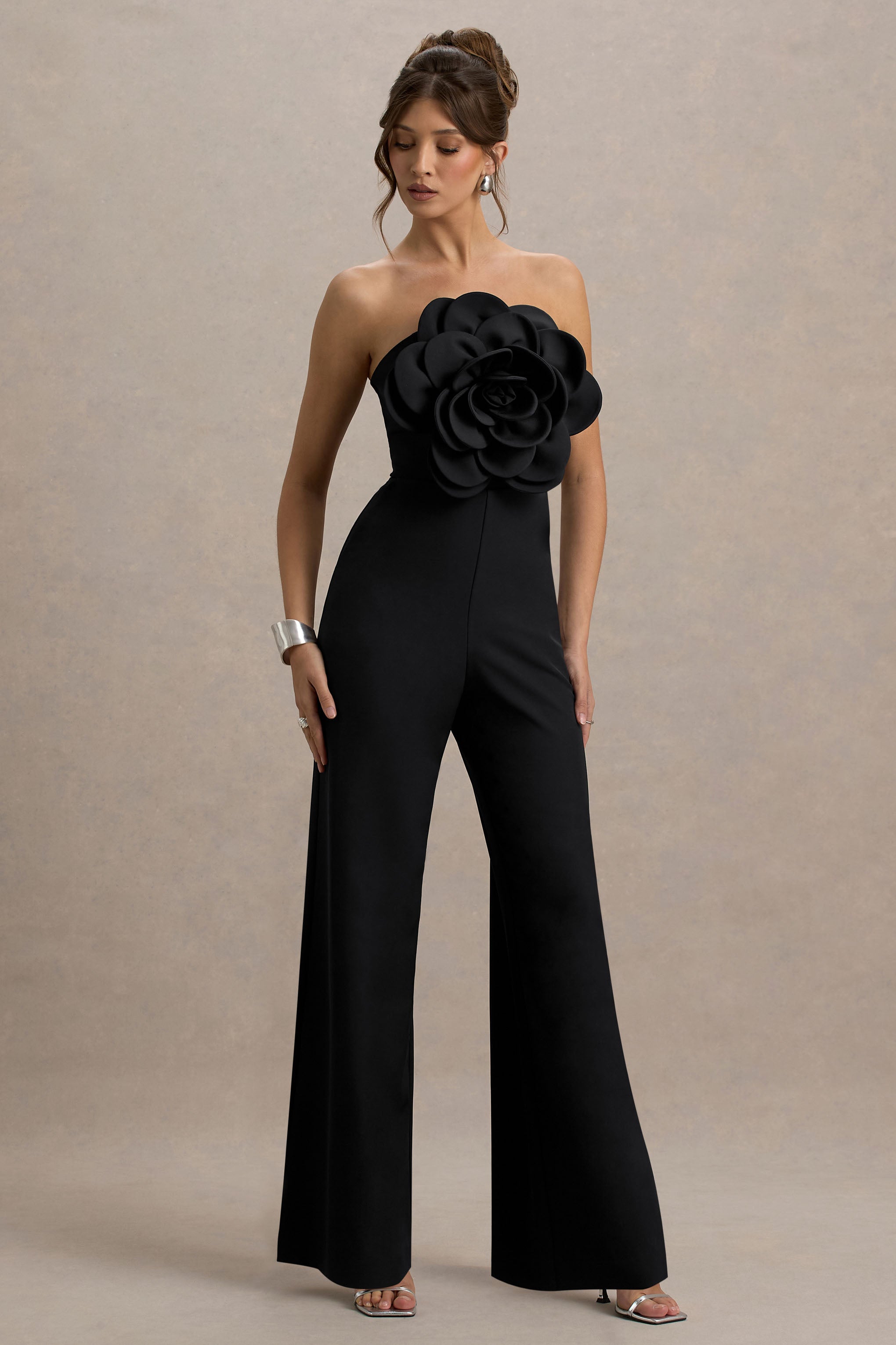 Opia | Black Bandeau Wide-Leg Jumpsuit With Large Floral Corsage