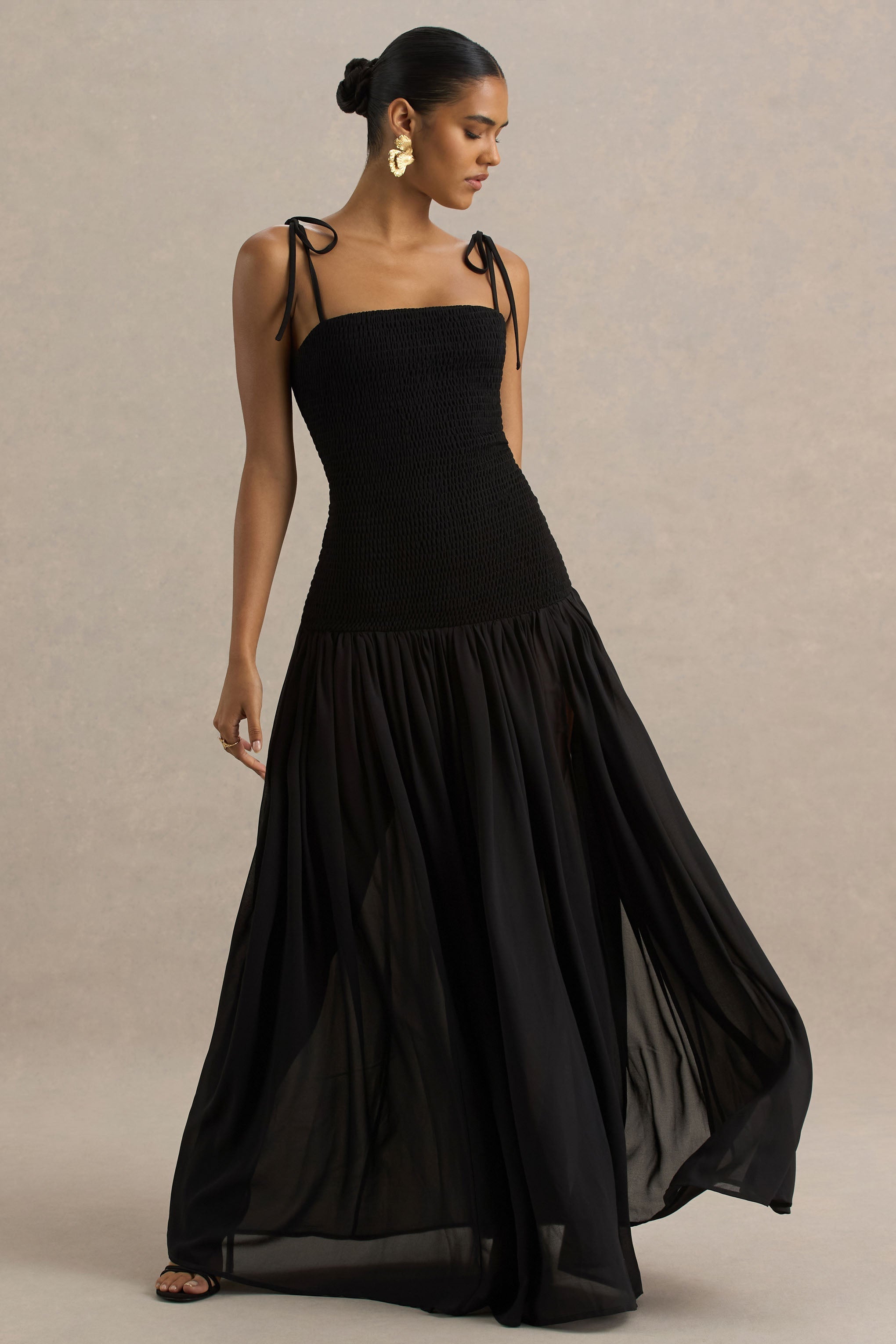 Maeva | Black Square-Neck Fishtail Maxi Dress With Ruched Detailing