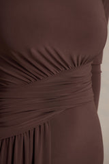 Virelle | Brown Boat-Neck Maxi Dress With Wrap Detail And Sash