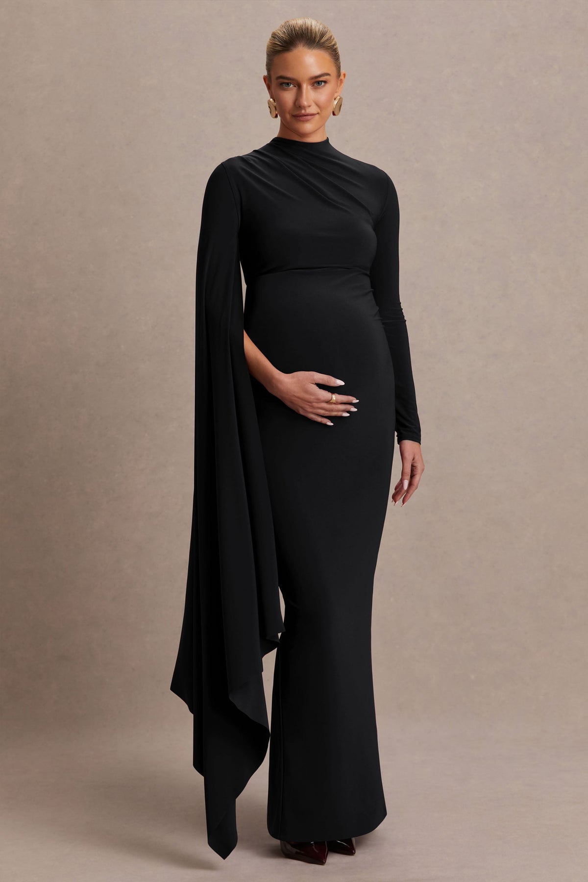 Lavinia | Black High-Neck Maternity Maxi Dress With Cape-Sleeve