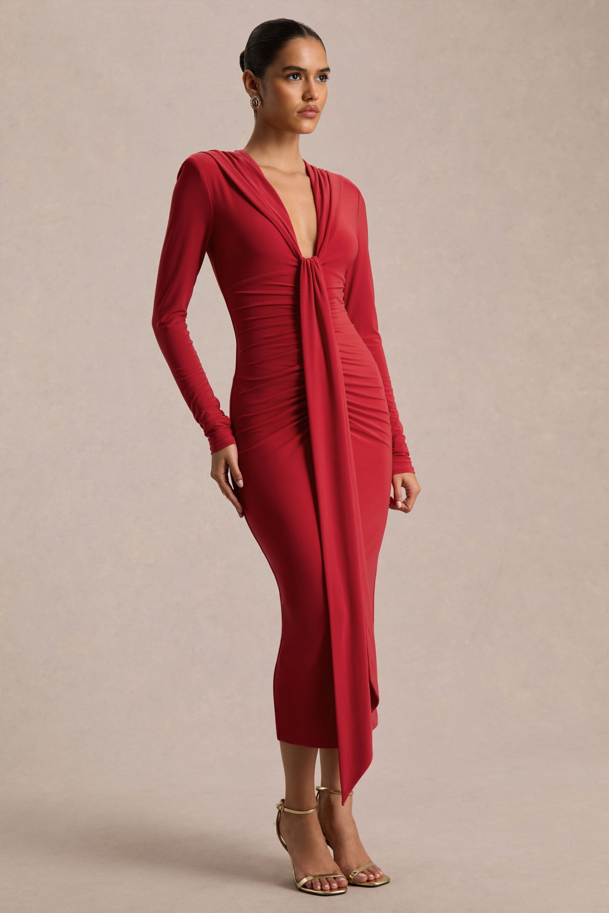Ivara | Red Plunge-Neck Maxi Dress With Ruched Detailing And Sash