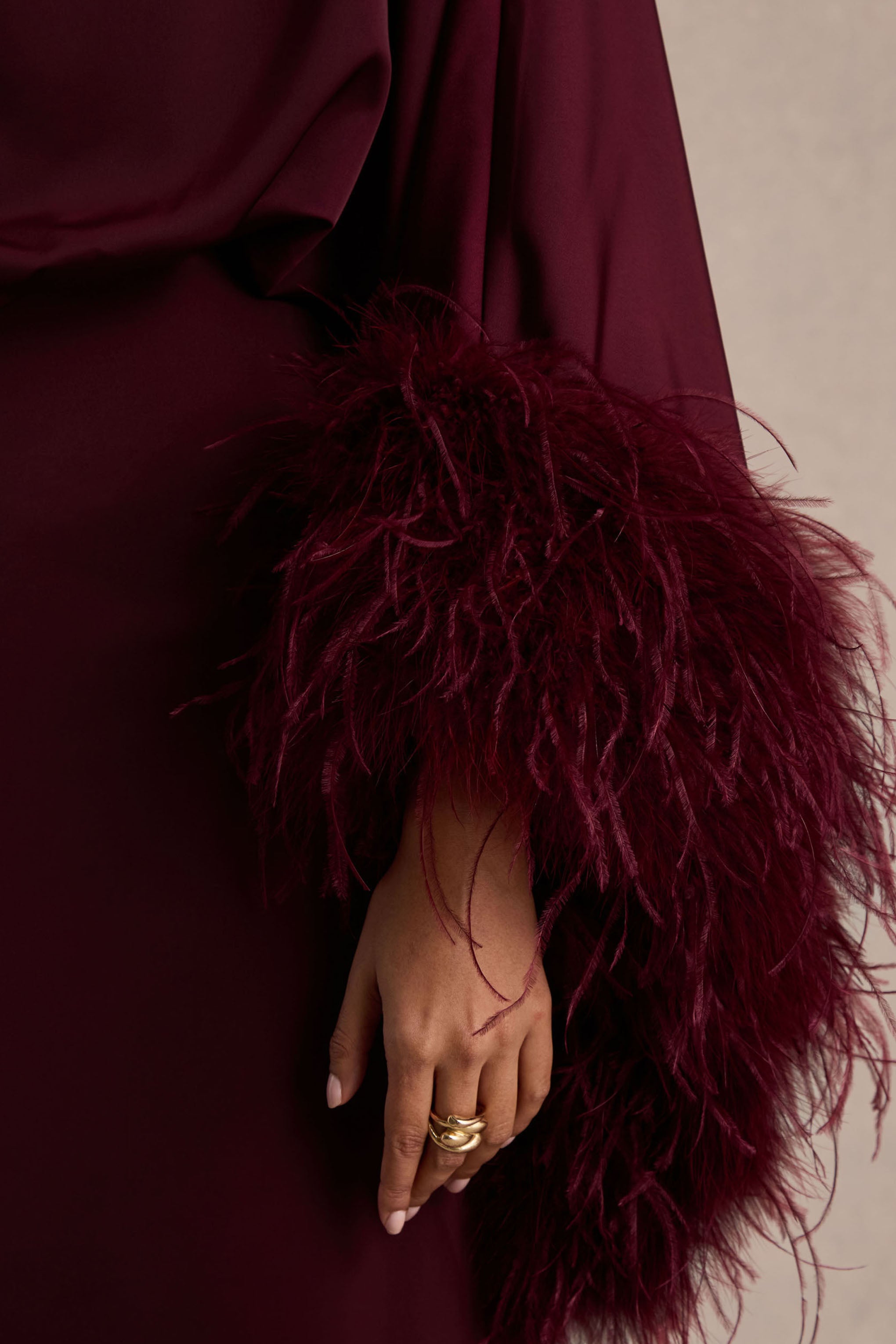 Felicity | Burgundy Satin Asymmetric-Neck Maxi Dress With Feather Detailing