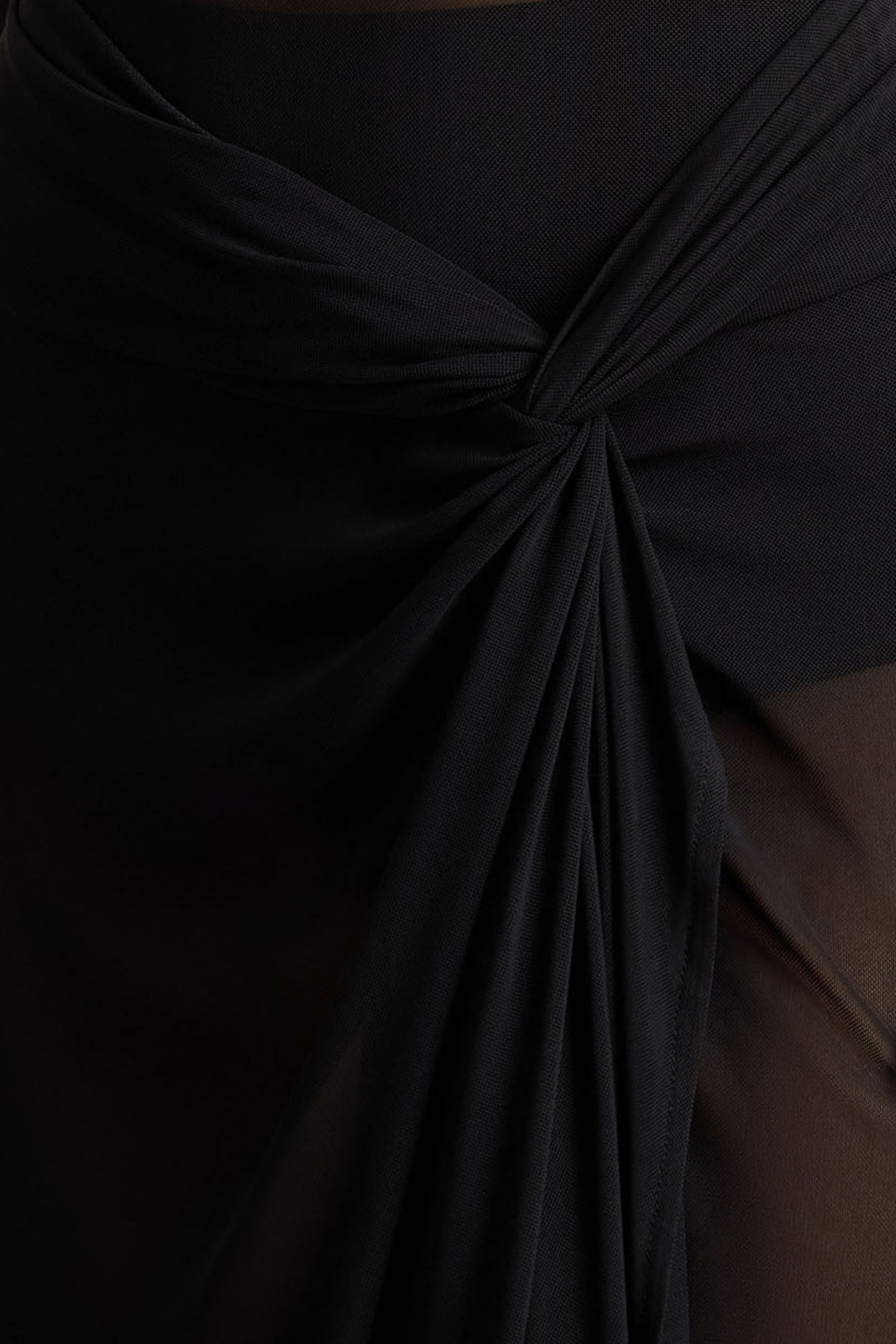 Koami | Black Mesh Long-Sleeve Ruched Maxi Dress With High Split