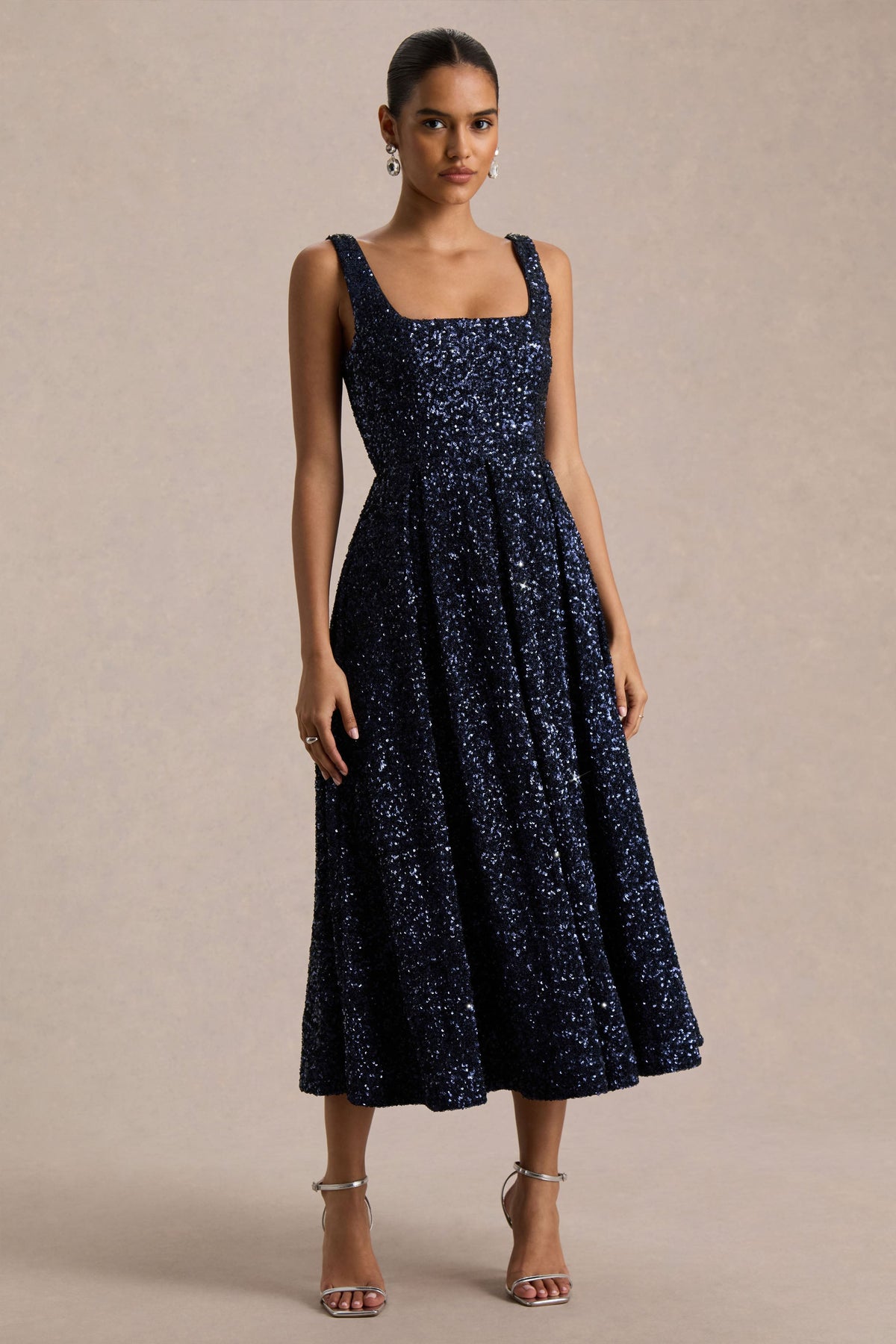Lima | Navy Sequin Square-Neck A-Line Midi Dress