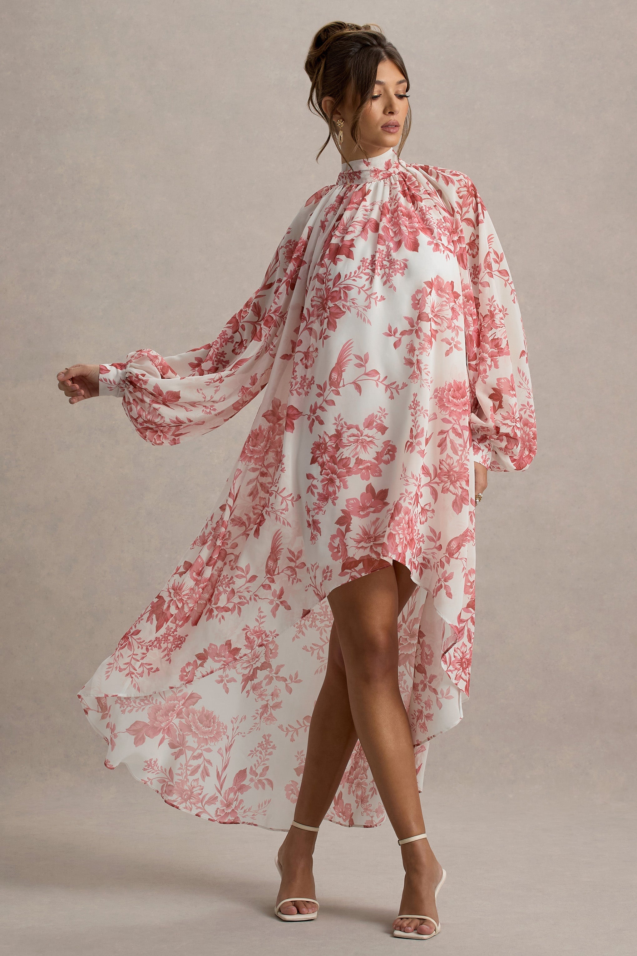 Delphia | Pink Porcelain Print High-Neck Maxi Dress With High-Low Hem