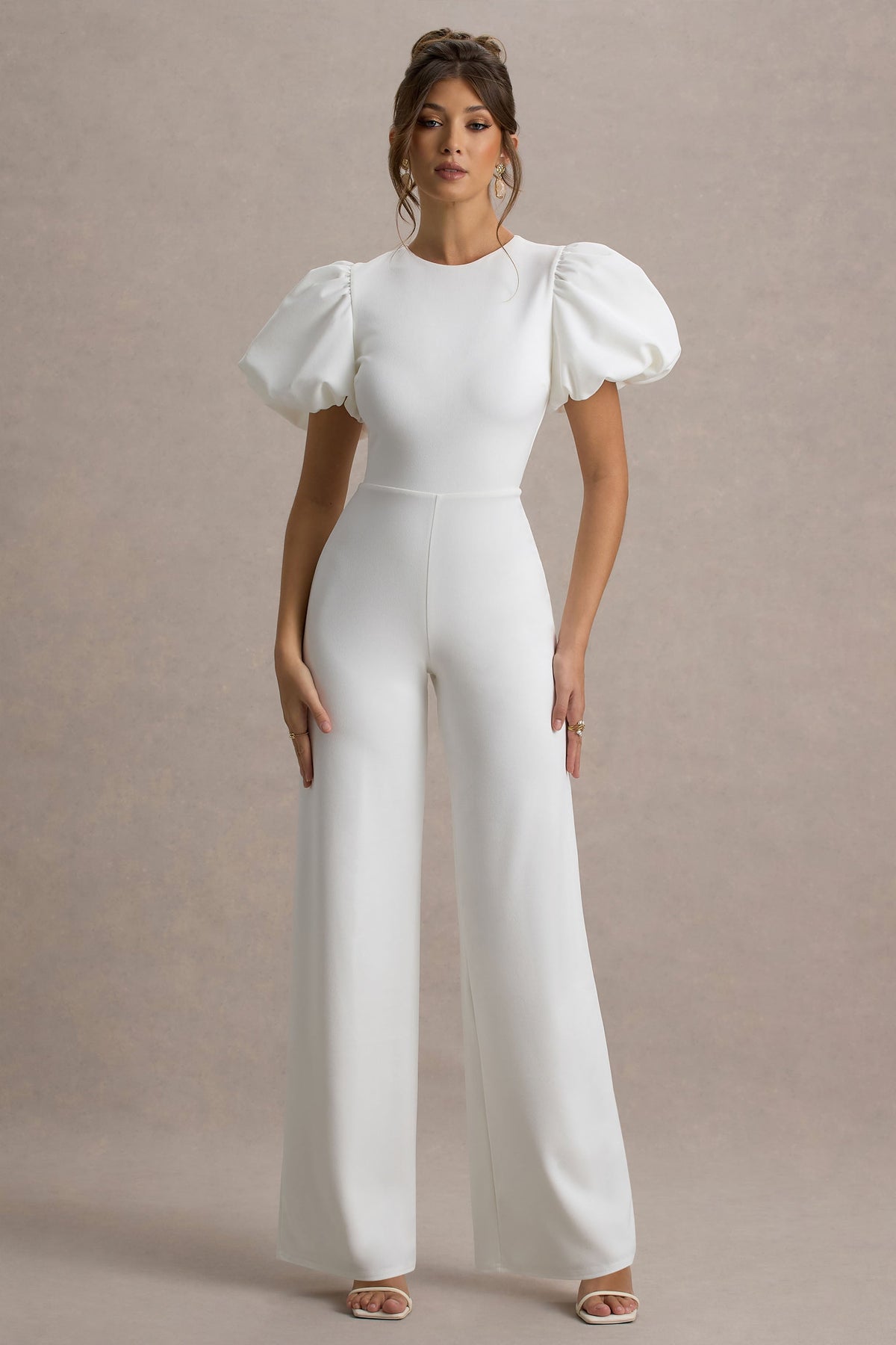 Dillon | White Puff-Sleeve Straight-Leg Jumpsuit