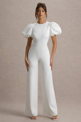 Dillon | White Puff-Sleeve Straight-Leg Jumpsuit