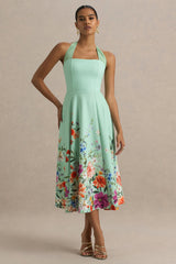 Auburn | Mint Placement Floral Halter-Neck Midi Dress