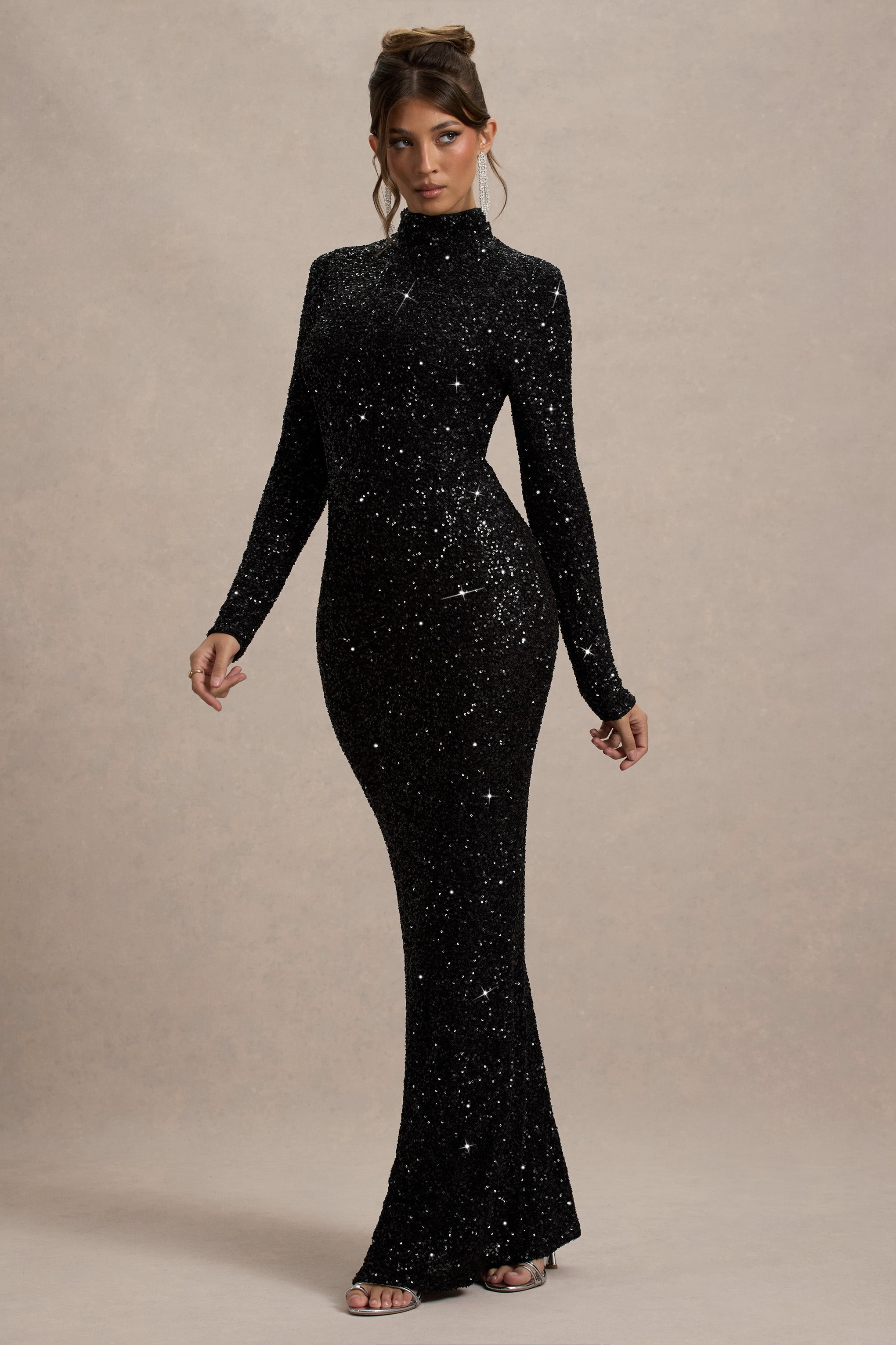 Galaxy | Black Sequin Turtle-Neck Long-Sleeve Maxi Dress