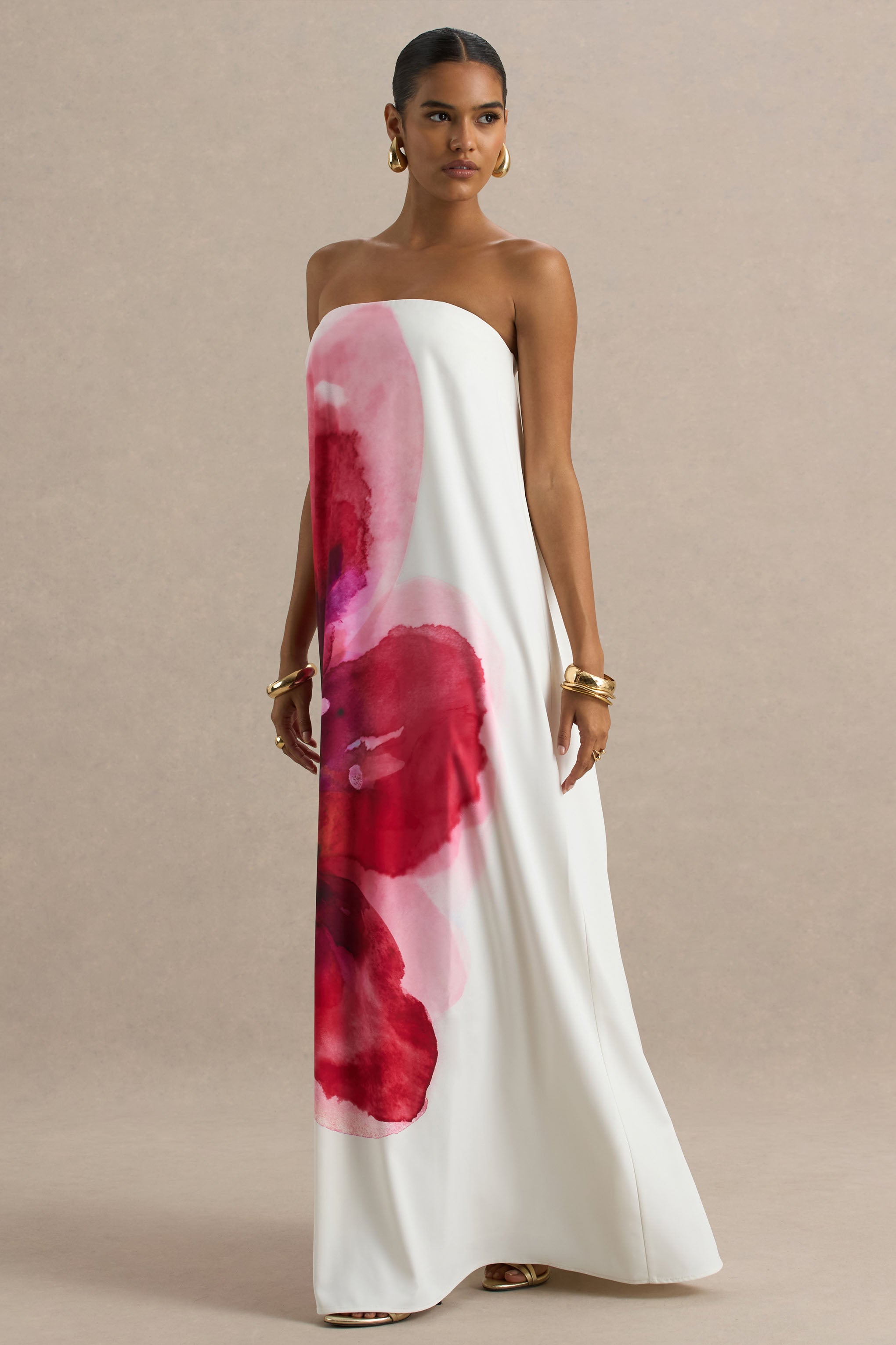 Breonna | Bright Pink Floral Placement Print Bandeau Maxi Dress