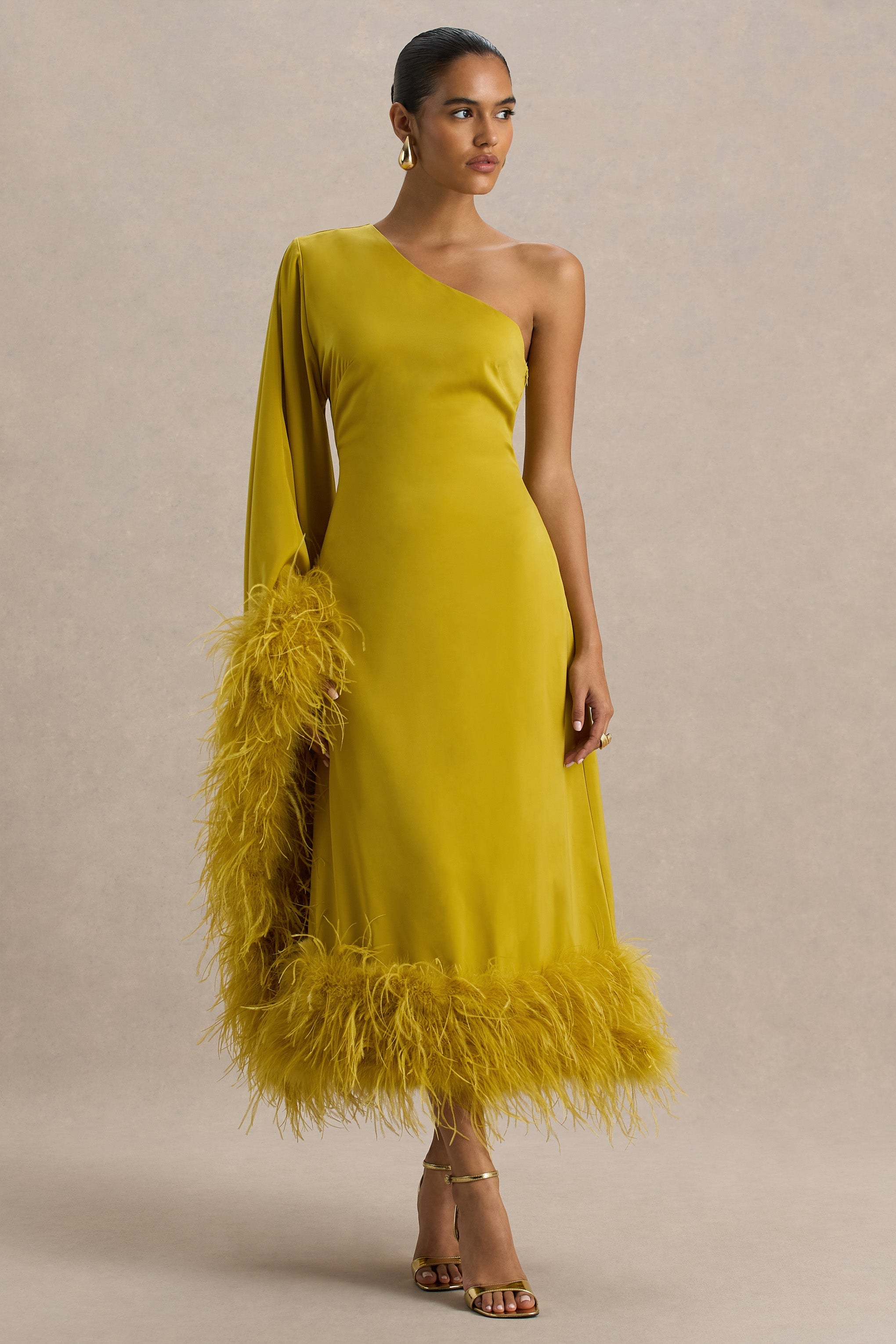 Destiny | Yellow Satin Asymmetric-Neck Midi Dress With Feather Details