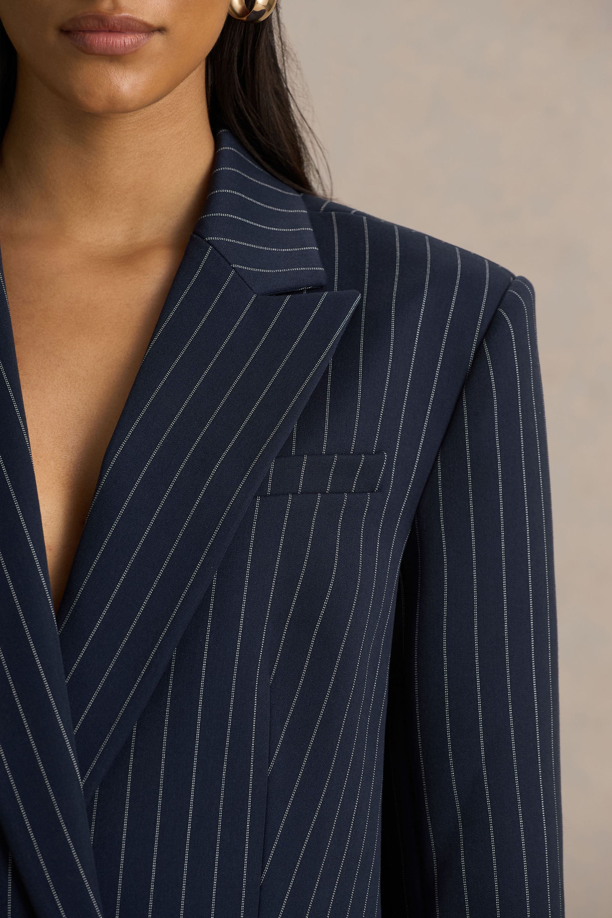 Alana | Navy Pinstripe Plunge-Neck Tailored Blazer