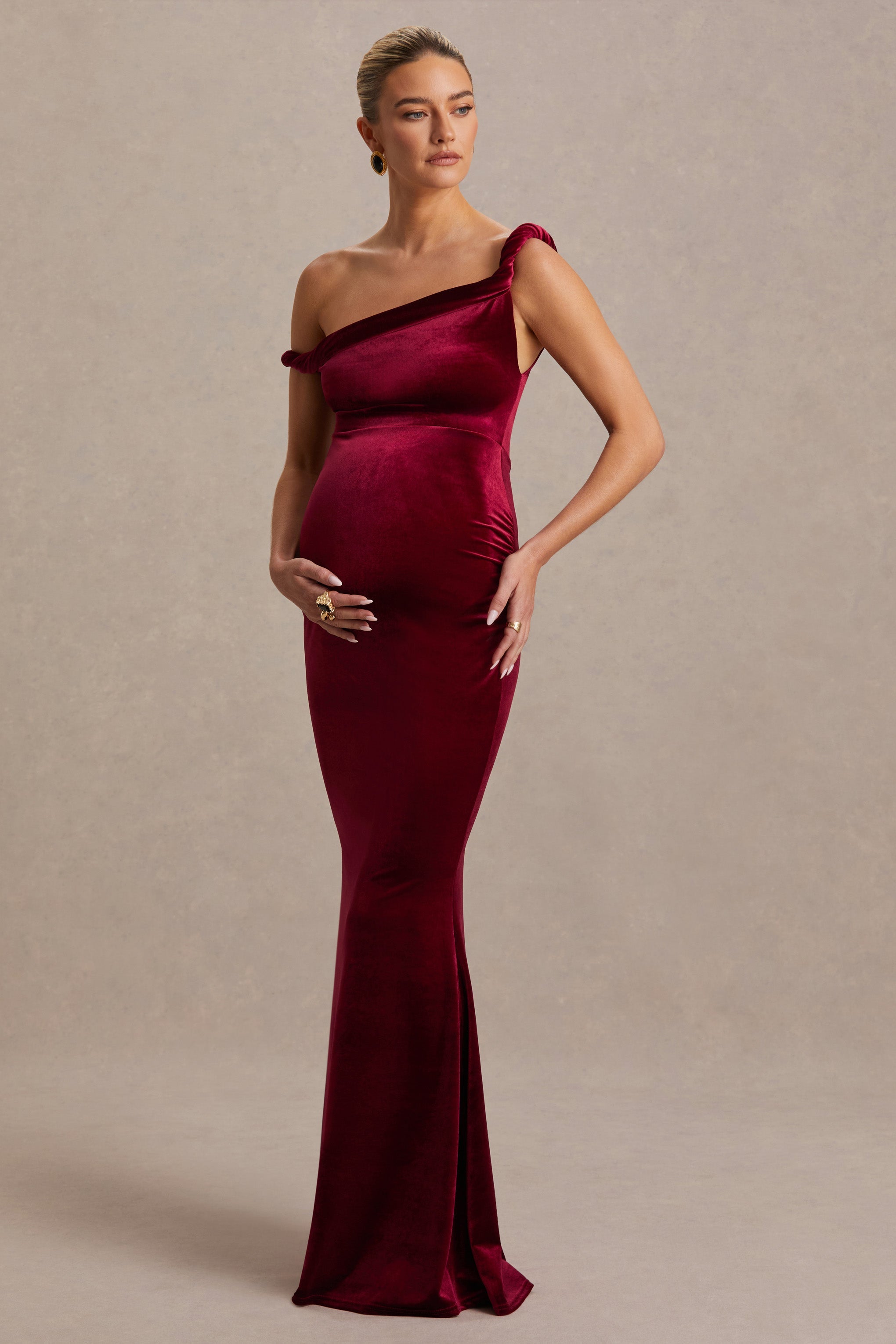 Tallulah | Burgundy Velvet Asymmetric-Neck Maternity Maxi Dress With Twist-Sleeve
