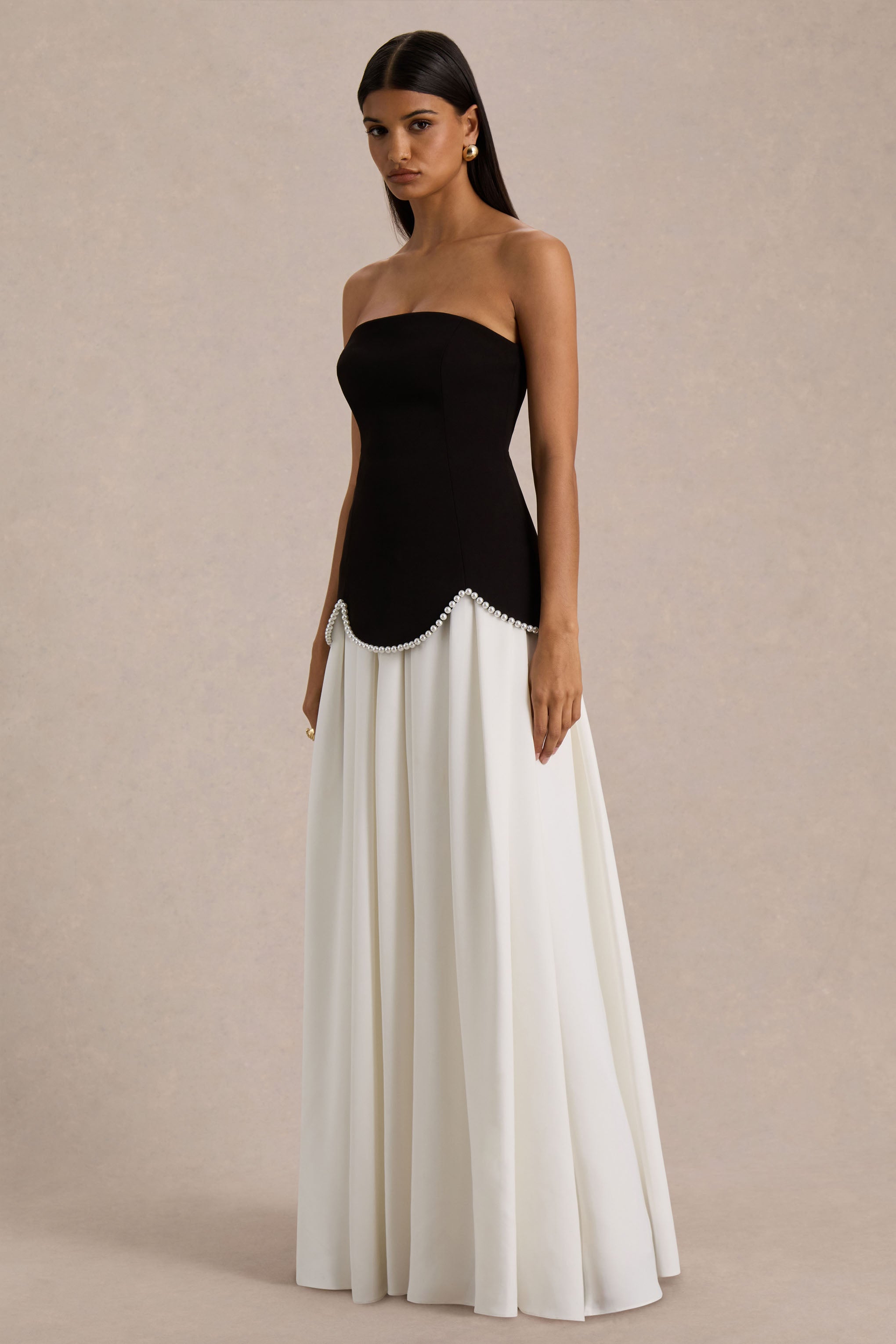 Wendy | Black And White Maxi Dress With Drop-Waist And Pearl Embellishment
