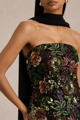 Cora | Winter Floral Embellished Mesh Bandeau Maxi Dress With Scarf