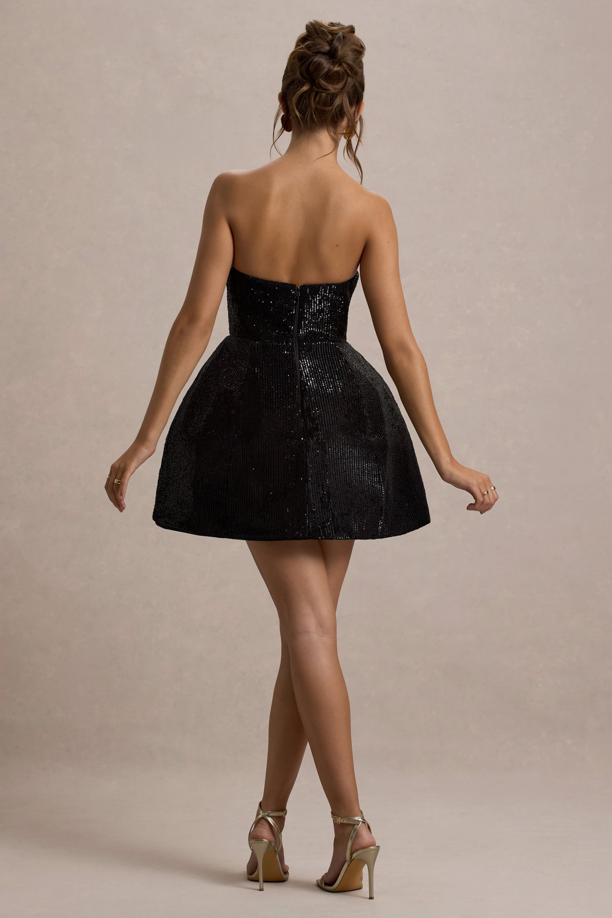 Clarabell | Black Sequin Bandeau Structured Mini Dress