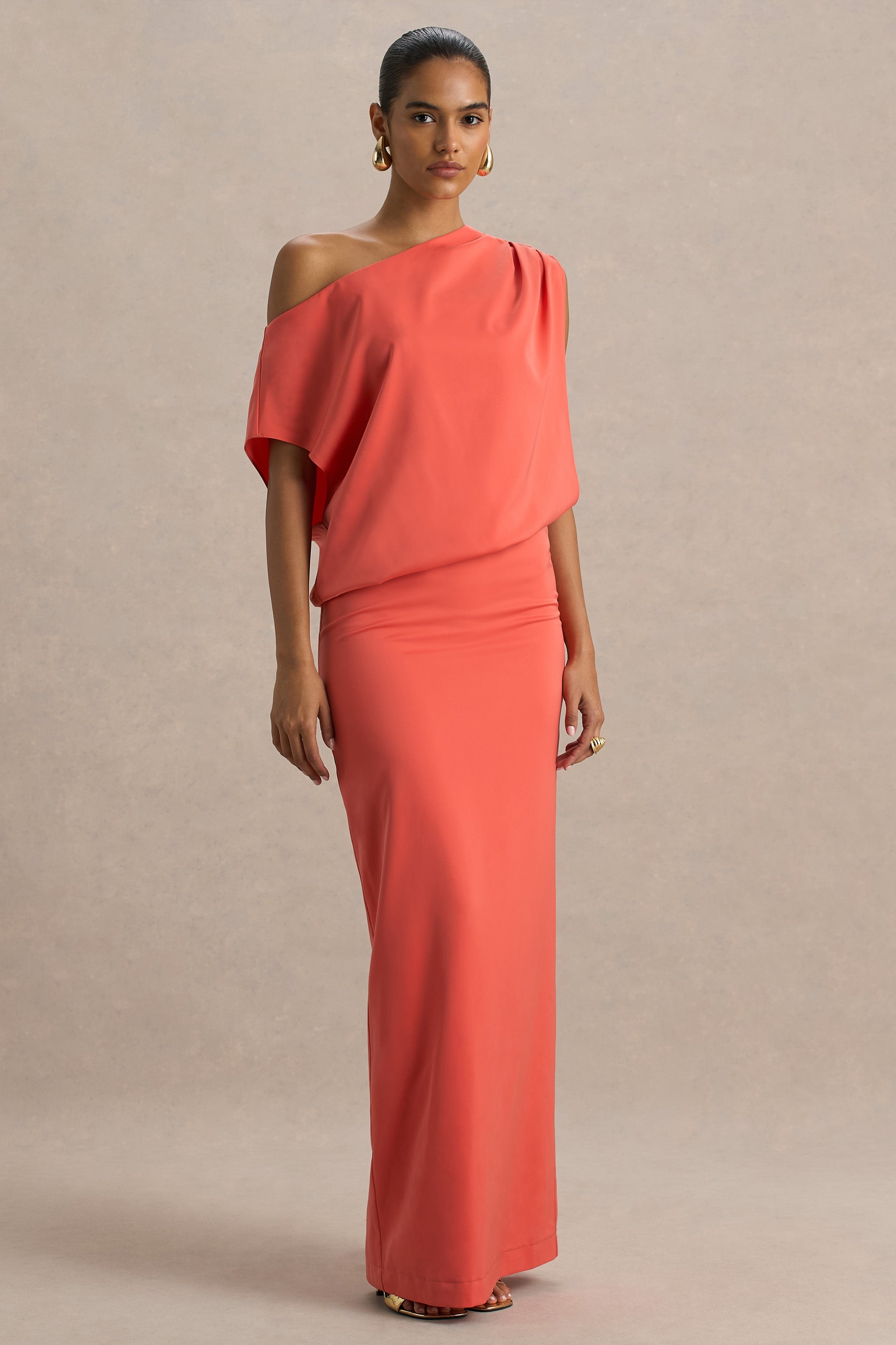 Ronnie | Coral Satin Asymmetric-Neck Maxi Dress With Draping Detail