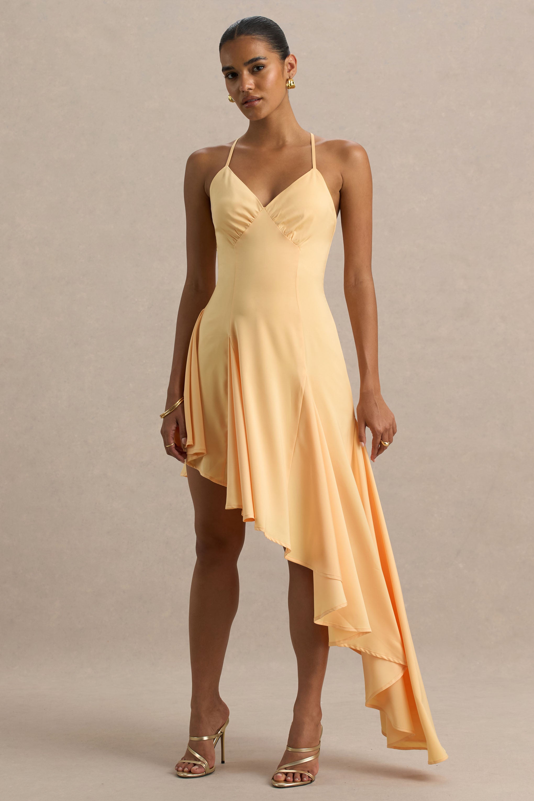 Glint | Peach Satin Plunge-Neck Maxi Dress With Asymmetric Hem