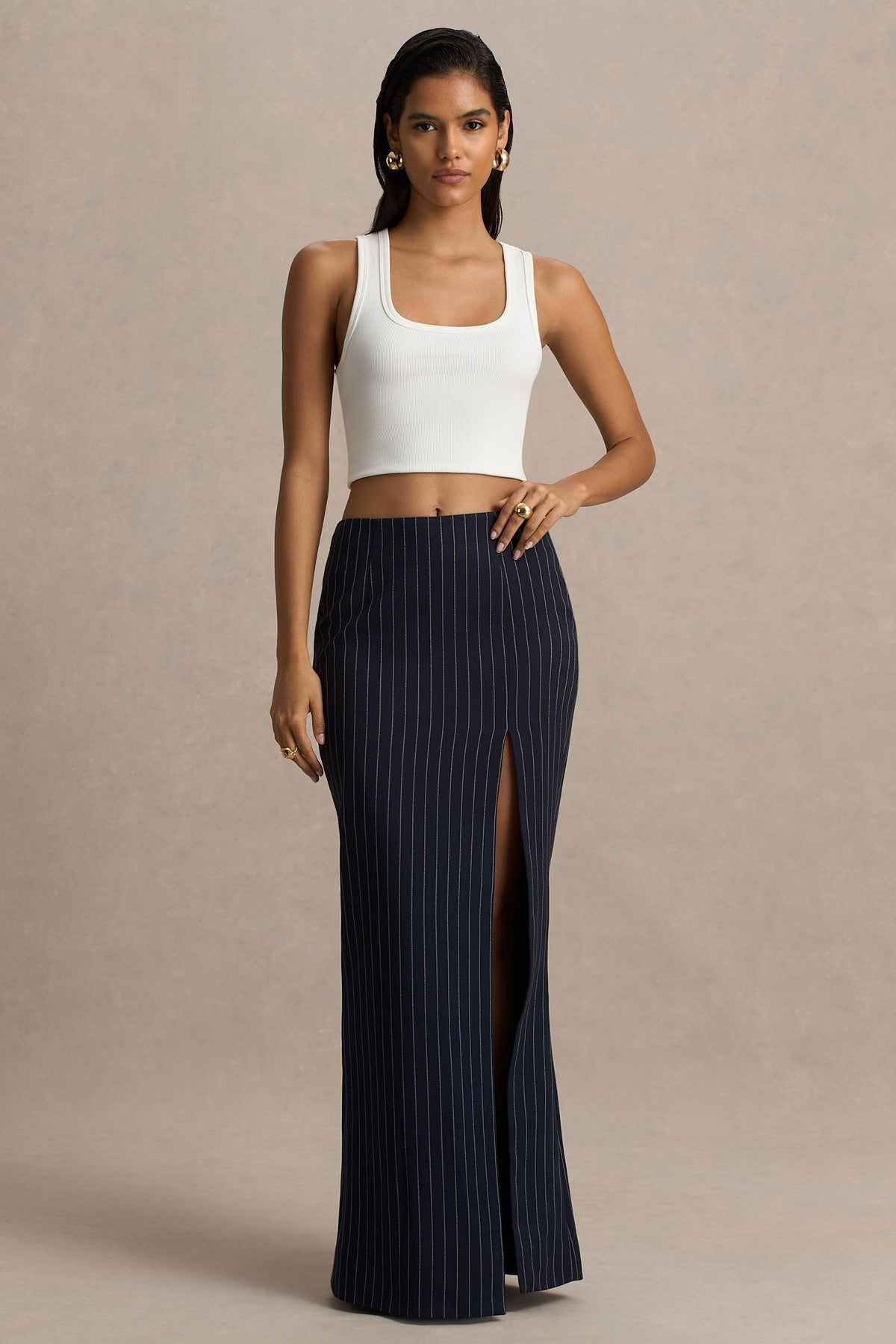 Elana | Navy Pinstripe Maxi Skirt With Front-High Split