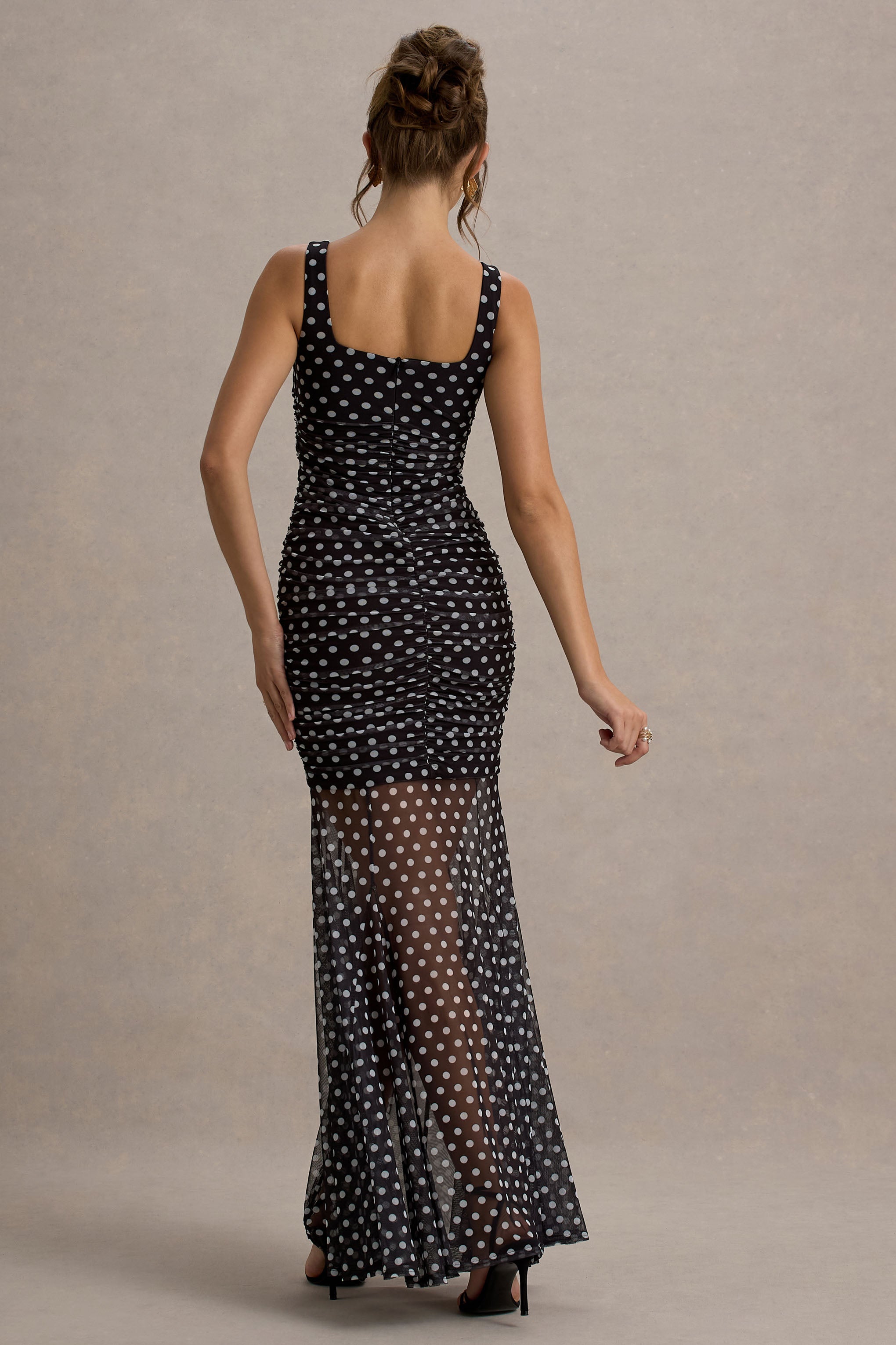 Galaxia | Black & White Polka Dot Maxi Dress With Mesh Skirt