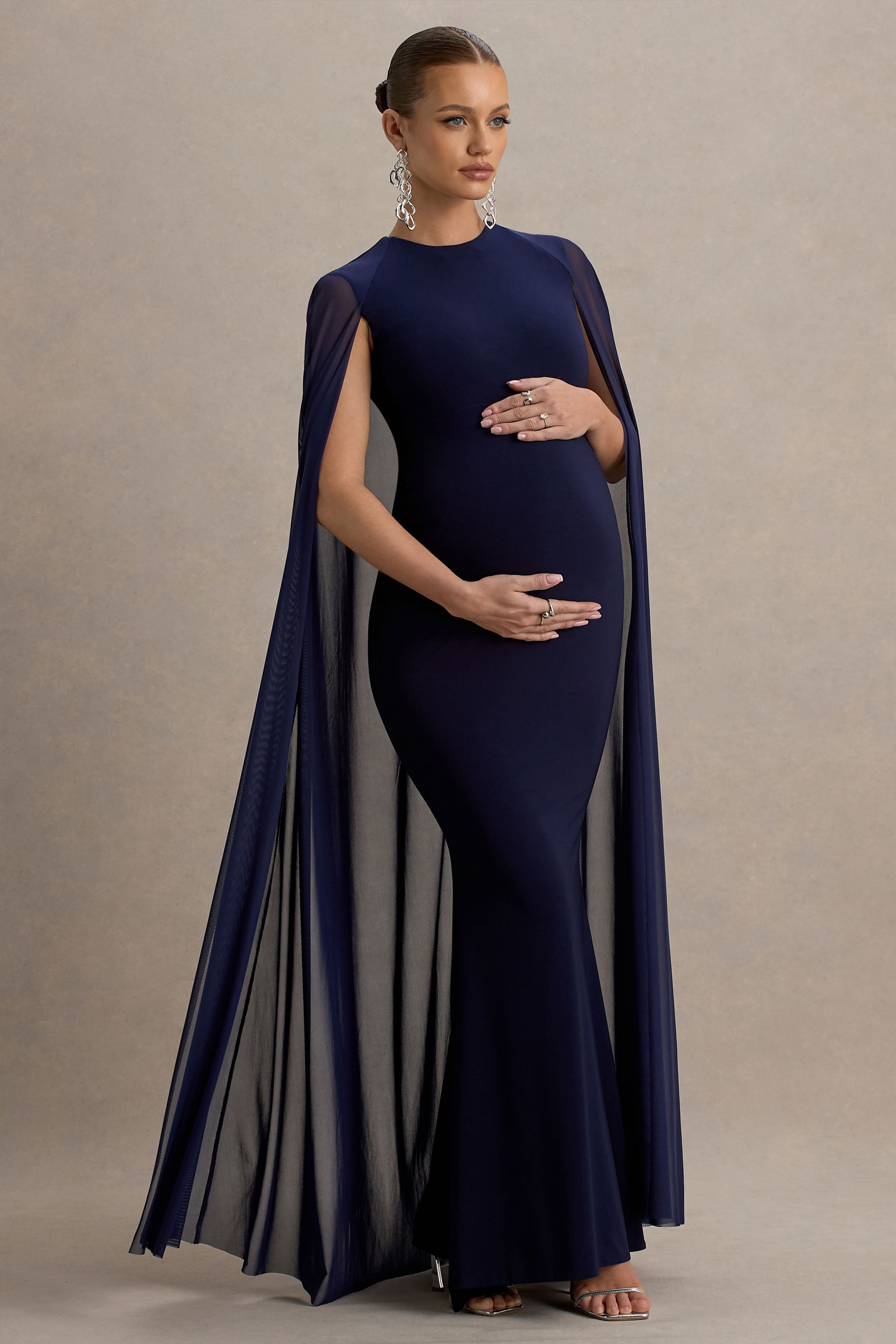 Currant | Navy Crew-Neck Maternity Maxi Dress With Cape